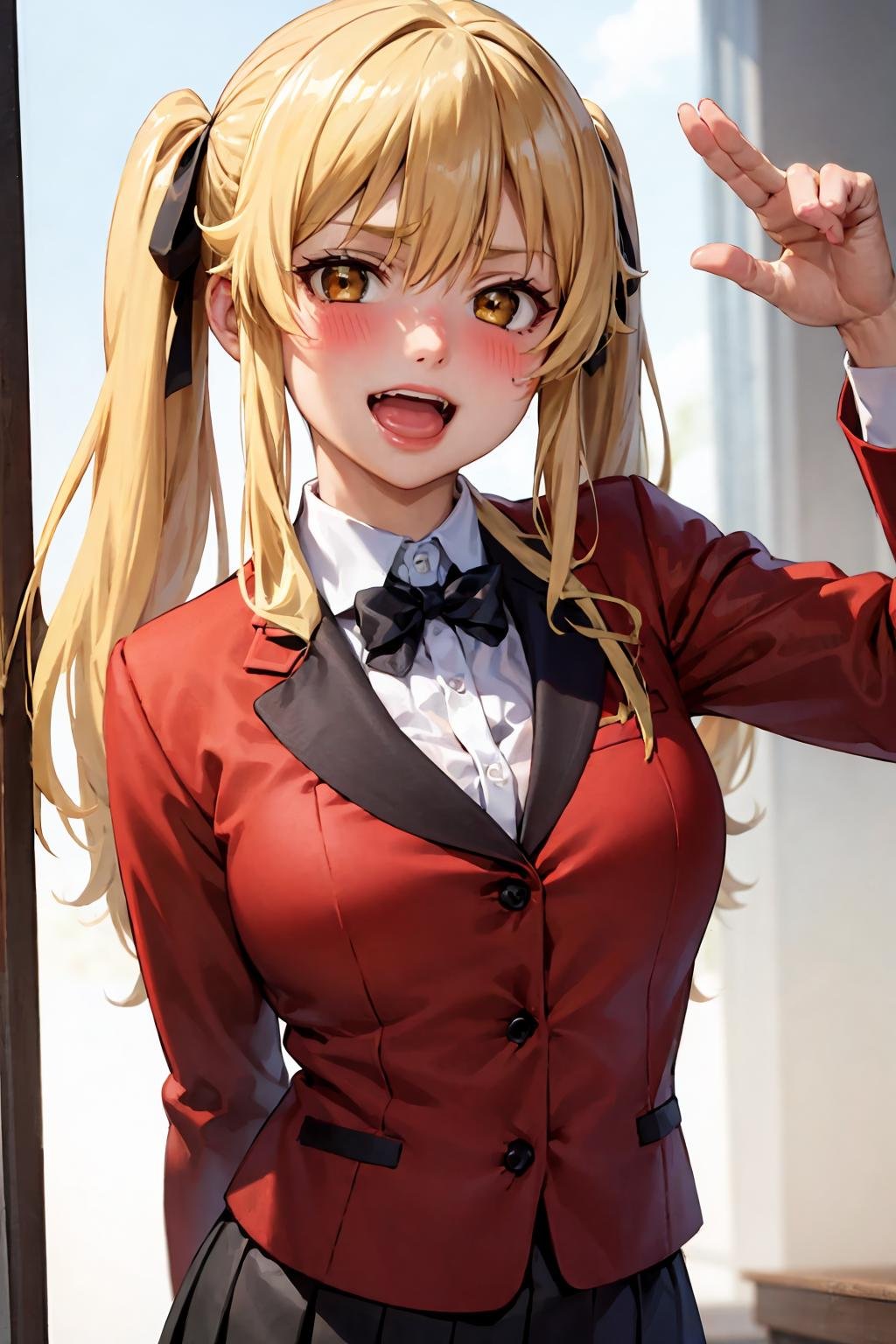 best quality, masterpiece, portrait, laughing, 1girl, saotome mary , red jacket, school uniform, twintails, blonde hair, looking at viewer, blush, black skirt,  aged up,<lora:Kizuki - Kakegurui Saotomi Mary LoRA:0.55>,