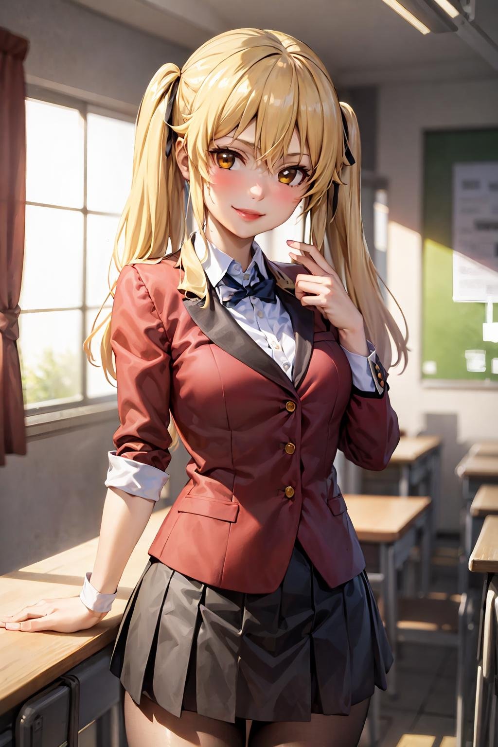 (best quality:1.1), (masterpiece:1.4), (absurdres:1.0), portrait, smile1girl, saotome mary , school uniform, twintails, blonde hair, black skirt, looking at viewer, <lora:Kizuki - Kakegurui Saotomi Mary LoRA:0.65>,