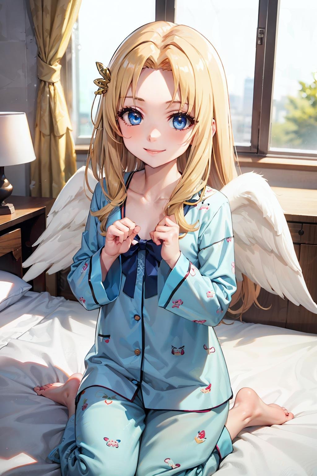 best quality, masterpiece, 1girl, filo, blonde hair, ahoge, hair ornament, flat chest, bangs, long hair, angel wings, cute pattern pajamas, looking at viewer,  indoors, bedroom. smile, forehead,<lora:Kizuki - The Rising of the Shield Hero - Filo:0.95>