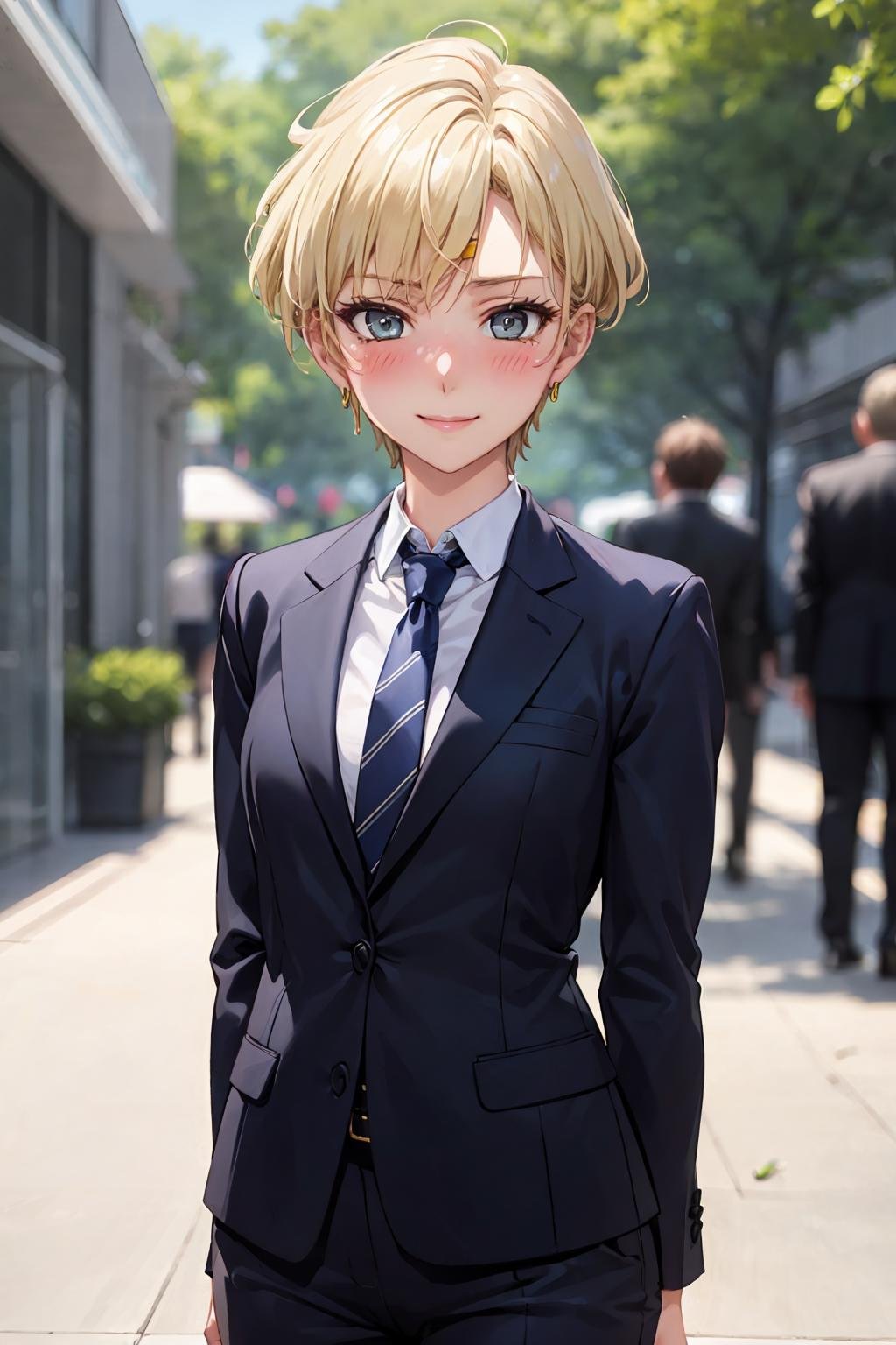 best quality, masterpiece, upper body, standing, portrait, solo focus,1girl, sailor uranus, tenou haruka, mature woman, small breasts, aqua eyes, blonde hair,  (suit:1.4), tie, looking at viewer, mall, (blush:1.2), happy, arms behind back,<lora:Kizuki - Sailor Moon - Sailor Uranus:0.825>