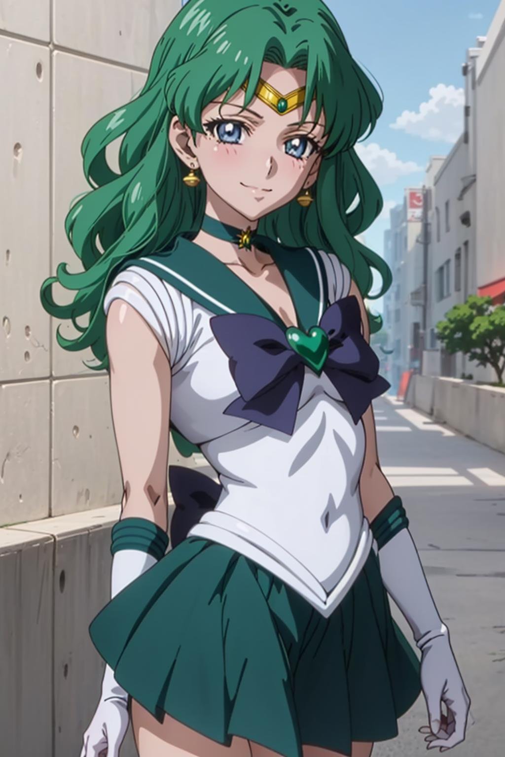 (anime:1.4), best quality, masterpiece, portrait, close-up,1girl, sailor neptune, mature woman, aged up, small breasts, aqua eyes, dark green hair, medium hair, (sailor senshi uniform:1.2), back bow, white elbow gloves, plead skirt, looking at viewer, alley, (blush:1.2), smile,<lora:Kizuki - Sailor Moon - Sailor Neptune:1>