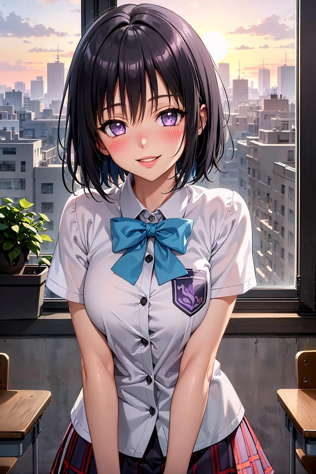 (best quality:1.1), (masterpiece:1.4), (absurdres:1.0),1girl, kirisaki kyouko, bob cut, short hair, black hair, purple eyes, medium breasts, school uniform, plead skirt, looking at viewer, classroom, (blush:1.2), smirk, window, (dawn:1.2), (dusk:1.2), (sunset:1.2), (parted lips:1.1), smile,<lora:Kizuki - To Love Ru - Kirisaki Kyōko:0.8>