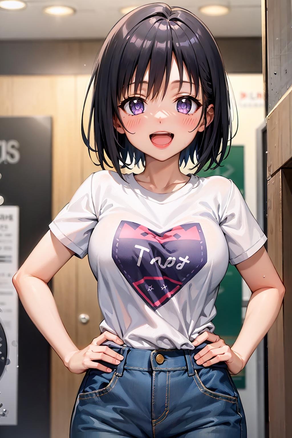 best quality, masterpiece, upper body, standing, solo focus,1girl, kirisaki kyouko, bob cut, short hair, black hair, purple eyes, medium breasts, sleevess shirt, denim short pants, mall, happy, (crowd:0.4), open mouth, smile, hands on hip,<lora:Kizuki - To Love Ru - Kirisaki Kyōko:0.80>