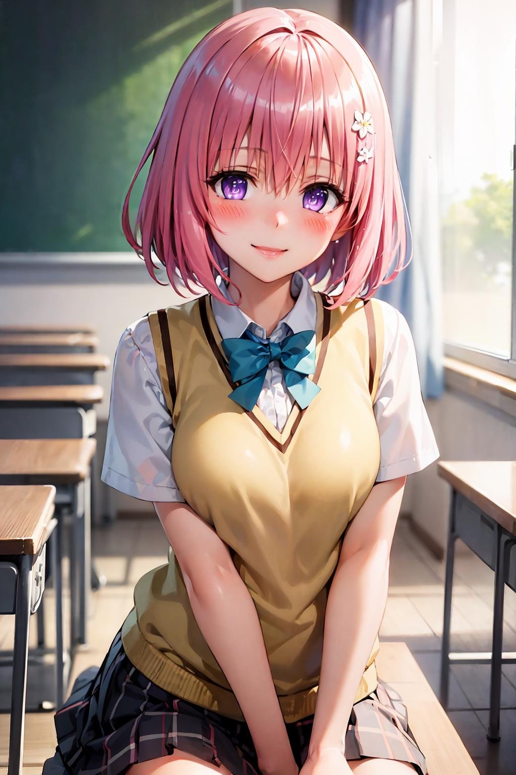 (best quality:1.1), (masterpiece:1.4), (absurdres:1.0), portrait, close up,1girl, momo velia deviluke, hair ornament, bob cut, short hair pink hair, purple eyes, medium breasts, yellow school uniform, looking at viewer, classroom, (blush:1.2), smile,<lora:Kizuki - To Love Ru - Momo Velia Deviluke:0.8>