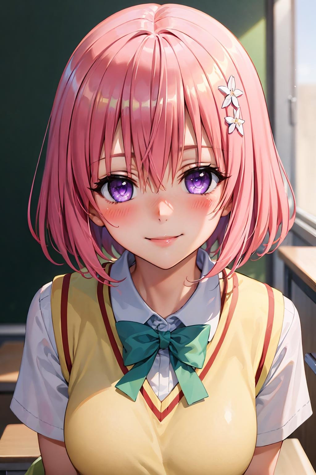 (best quality:1.1), (masterpiece:1.4), (absurdres:1.0), portrait, close up,1girl, momo velia deviluke, hair ornament, bob cut, short hair pink hair, purple eyes, medium breasts, yellow school uniform, looking at viewer, classroom, (blush:1.2), smile,<lora:Kizuki - To Love Ru - Momo Velia Deviluke:0.95>