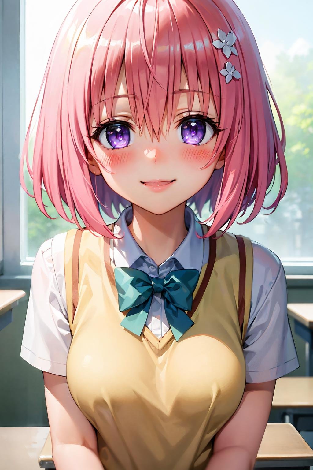 (best quality:1.1), (masterpiece:1.4), (absurdres:1.0), portrait, close up,1girl, momo velia deviluke, hair ornament, bob cut, short hair pink hair, purple eyes, medium breasts, yellow school uniform, looking at viewer, classroom, (blush:1.2), smile,<lora:Kizuki - To Love Ru - Momo Velia Deviluke:0.9>