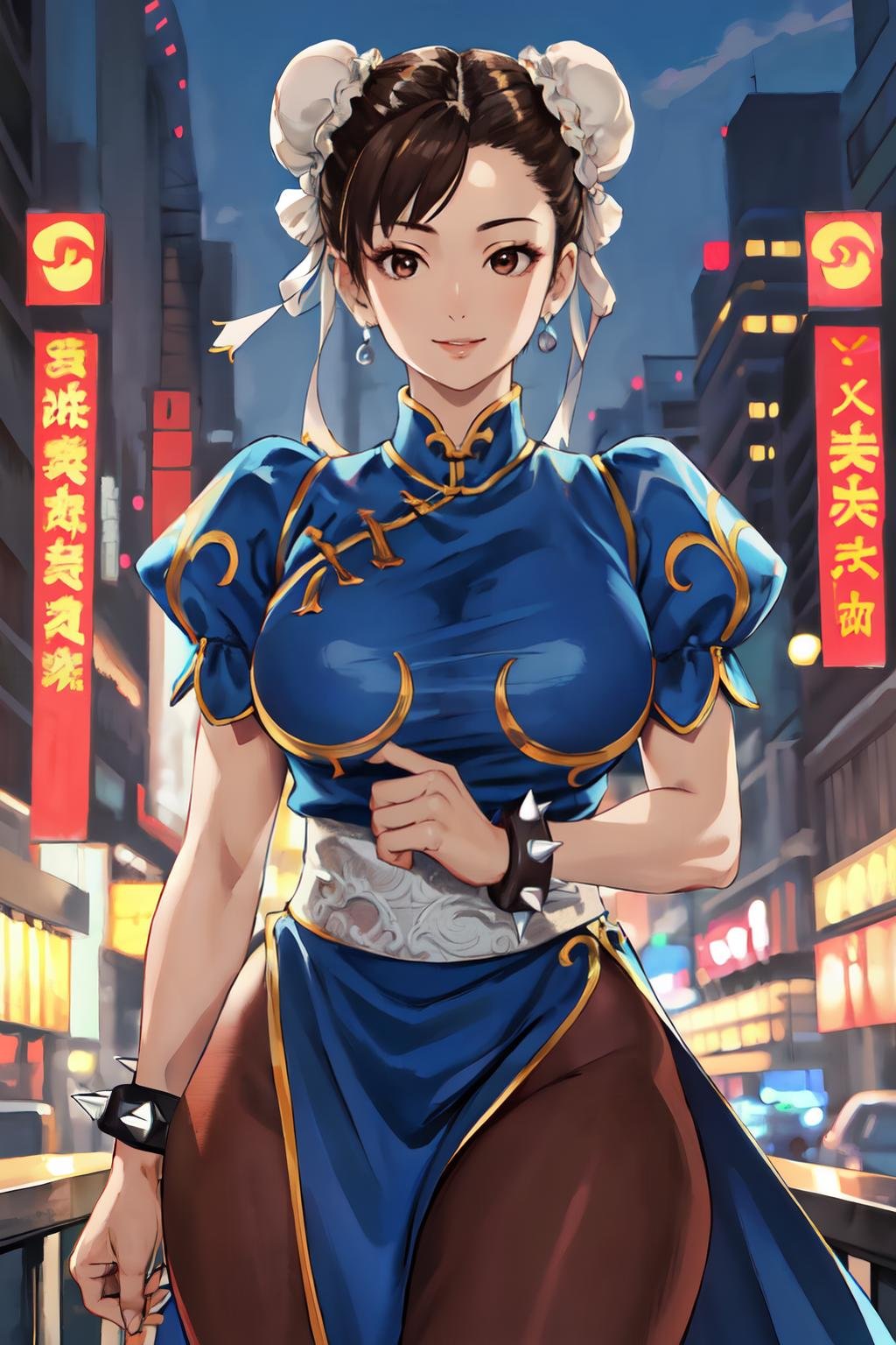 (best quality, masterpiece, RAW photo,ultra-detailed:1.2), <lyco:GoodHands-beta2:1.0>,1girl,solo,looking at viewer,smile ,chun li, <lyco:chun liV1:0.9>brown eyes, short hair, brown hair, double bun, bun cover, blue dress, pelvic curtain, spiked bracelet, sash, brown pantyhose, huge breasts, china city,