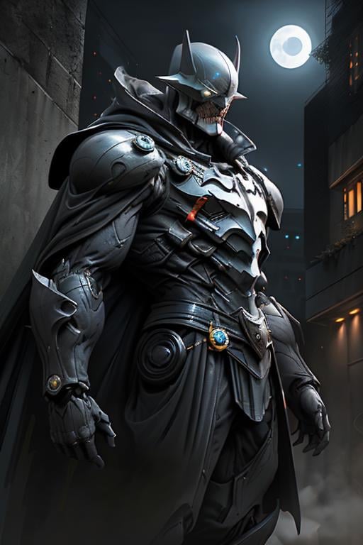 1boy,armor, crown, black cape, in dynamic pose,dynamic angle, shoulder armor, upper armor, helmet, headgear, mechanical jawcityscape, strong rim light, absurdres, 1boy, (at night:1.4), dark alley, moon, BREAK grey (android (batmanwholaughs:0.8)) in (matte black hardsuit:1.2), military, roughed up, mechanical arms, city fog, (glowing white eyes)  <lora:nijiarmor_v2:0.9> <lora:BatmanWhoLaughs:0.5>