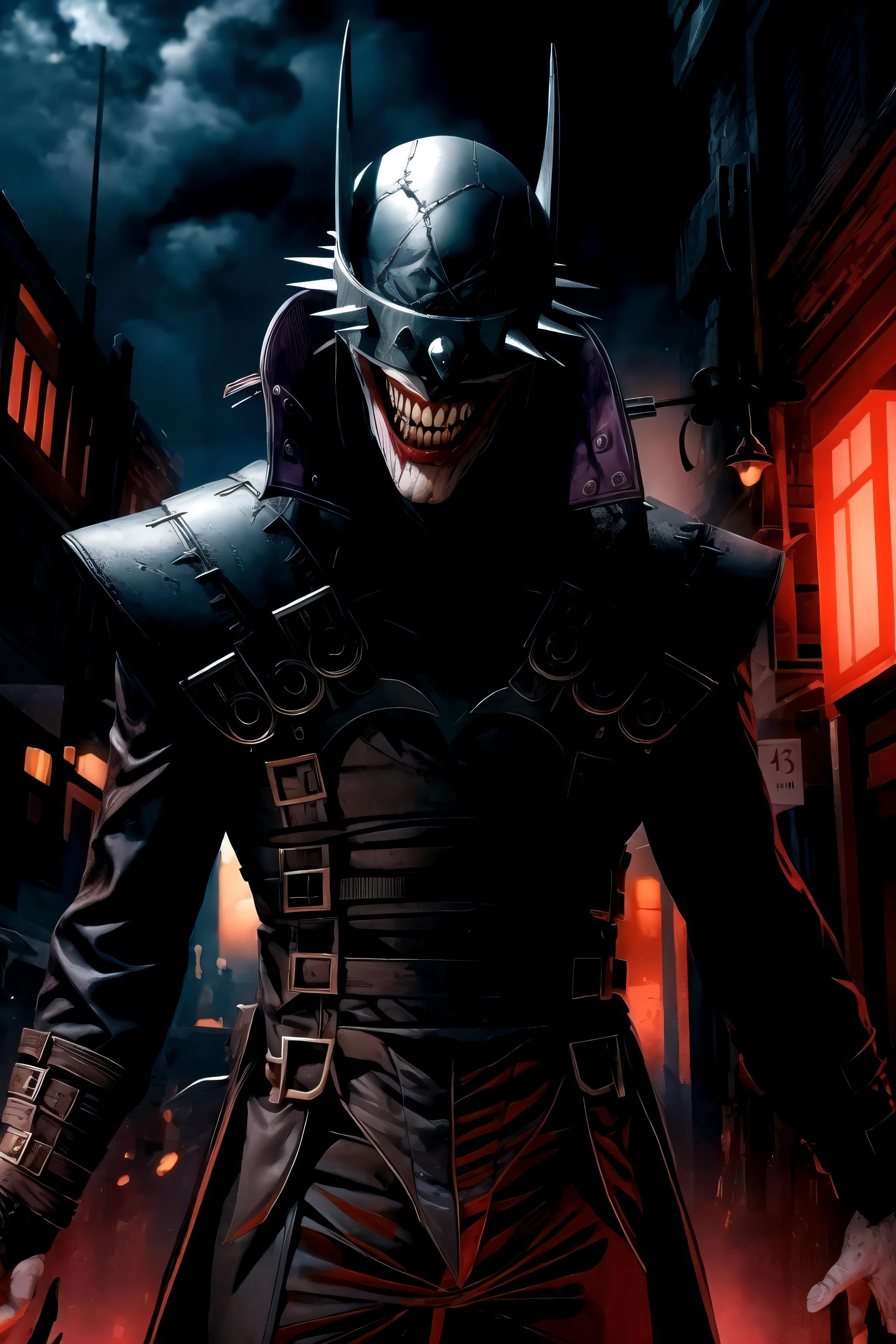 masterpiece, best quality, batmanwholaughs, city street, horror, nightmare, dramatic lighting, dark <lyco:BatmanWhoLaughsV9-000011:1>