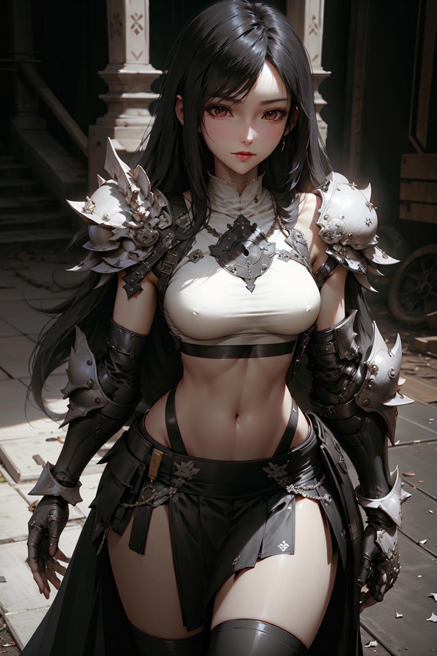 <lora:tifaMeenow_tifaV1:0.6> <lora:nijiarmor:1>, long black hair, white chest plate, celavage, navel, skirt, shoulder armor, upper armor, full armor