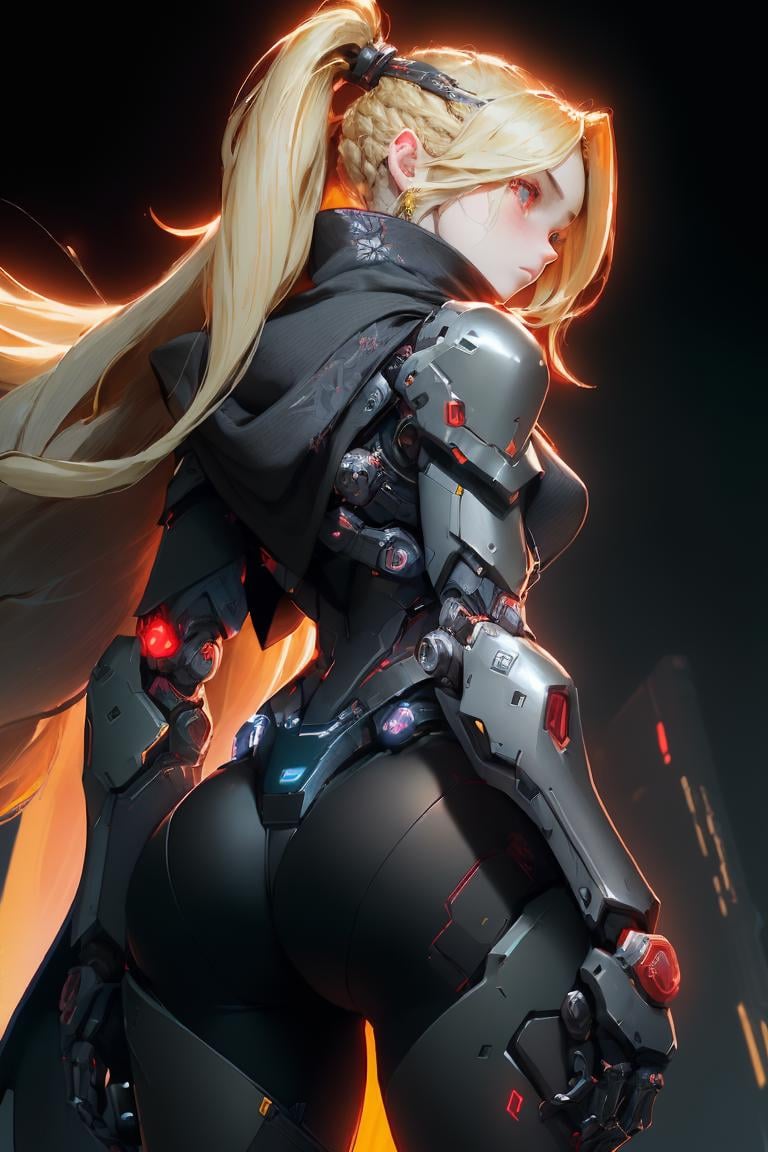 high quality, 1girl, android, (black and grey) upper armor, mechanical arms, scarf, long hair, blonde hair, standing, red background, looking at viewer, from behind, simple background,  <lora:nijiarmor:1>