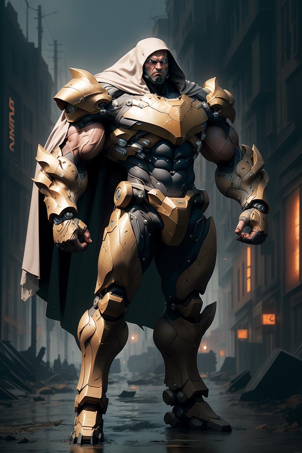 full body, cybercinetic, top heavy, very muscular, man, mechanical arms and legs, bulky, shoulder armor, mechanical jaw, torn floating cloak, mechanical torso, natural lighting, action pose, neutral colors, battlefield background, angry, <lora:epiNoiseoffset_v2:1>, <lora:nijiarmor:0.9>