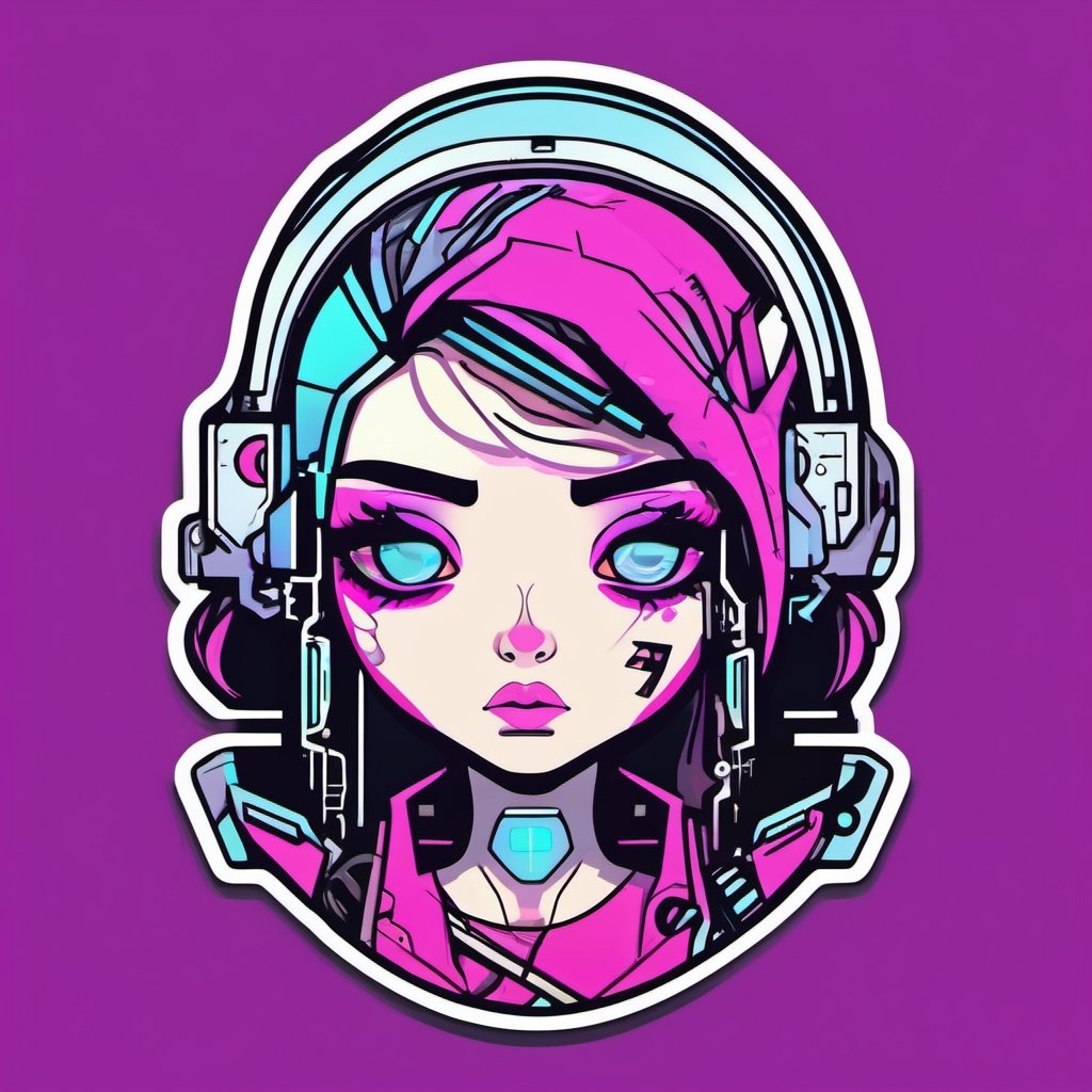 Cyberpunk world, cyberpunk girl, sticker, 2d cute, fantasy, dreamy, vector illustration, 2d flat, centered, by Tim Burton, professional, sleek, modern, minimalist, graphic, line art, vector graphics