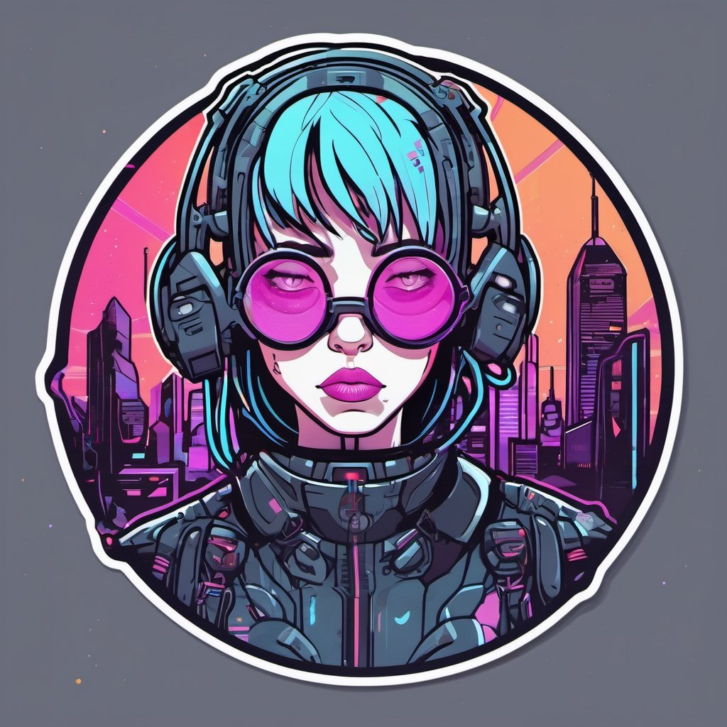 Cyberpunk world, cyberpunk girl, sticker, 2d cute, fantasy, dreamy, vector illustration, 2d flat, centered, by Tim Burton, professional, sleek, modern, minimalist, graphic, line art, vector graphics