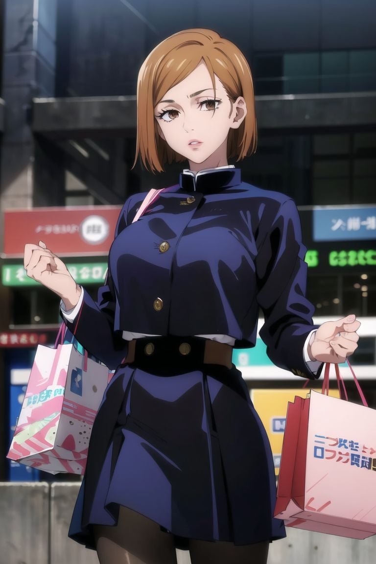 ((best quality)),  ((highly detailed)),  masterpiece,  ((official art)),  (cowboy shot), nobara kugisaki, brown eyes, jujutsu kaisen, school uniform, blue jacket, blue skirt, brown belt, pantyhose,  seductive lips, lips,pantyhose, (cyberpunk:1.3),(scenary:1.1),eyelashes, shopping mall, stores, outlets, shopping bag ,intricately detailed, hyperdetailed, blurry background,depth of field, best quality, masterpiece, intricate details, tonemapping, sharp focus, hyper detailed, trending on Artstation,1 girl, high res, official art , <lora:CuartoIntentoNobara-15:0.8>