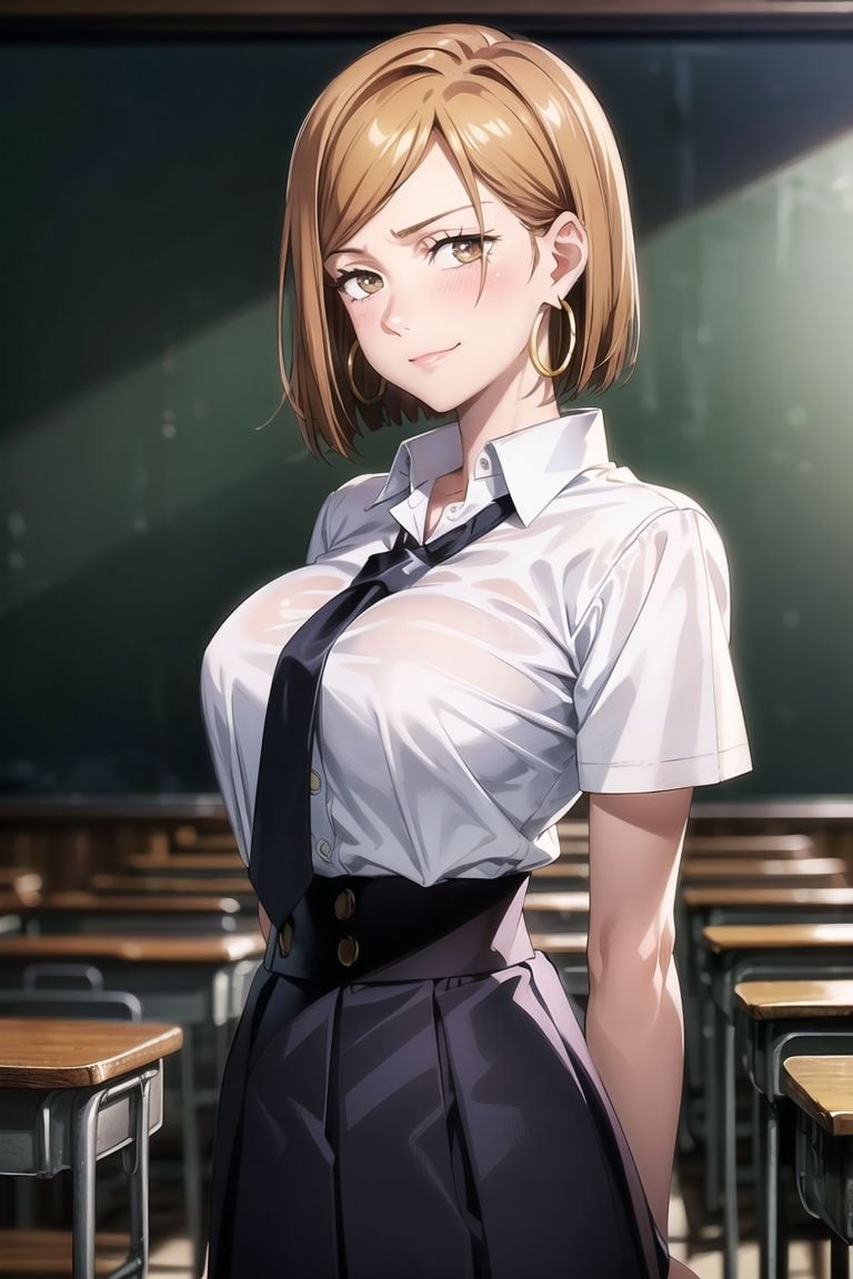 ((best quality)), ((highly detailed)), masterpiece, ((official art)), detailed face, beautiful face, (detailed eyes, deep eyes), (cowboy shot), nobara kugisaki, brown eyes, (smirk), (hoop earrings), (confident), (collar), school_girl, classroom, necktie, skirt, (large breasts), ((narrow_waist)), (high-waist skirt:1.2), school uniform, shirt, pleated skirt, black necktie, blush, arms behind back, white shirt, shirt tucked in, cowboy shot, short sleeves, intricately detailed, hyperdetailed, blurry background, depth of field, best quality, masterpiece, intricate details, tonemapping, sharp focus, hyper detailed, trending on Artstation, 1 girl, high res, official art, <lora:1DetailTweaker:0.6> <lora:CuartoIntentoNobara-15:0.7>