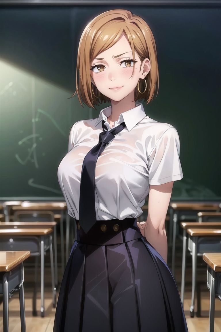 ((best quality)), ((highly detailed)), masterpiece, ((official art)), detailed face, beautiful face, (detailed eyes, deep eyes), (cowboy shot), nobara kugisaki, brown eyes, (smirk), (hoop earrings), (confident), (collar), school_girl, classroom, necktie, skirt, (large breasts), ((narrow_waist)), (high-waist skirt:1.2), school uniform, shirt, pleated skirt, black necktie, blush, arms behind back, white shirt, shirt tucked in, cowboy shot, short sleeves, intricately detailed, hyperdetailed, blurry background, depth of field, best quality, masterpiece, intricate details, tonemapping, sharp focus, hyper detailed, trending on Artstation, 1 girl, high res, official art, <lora:1DetailTweaker:0.6> <lora:CuartoIntentoNobara-15:0.7>