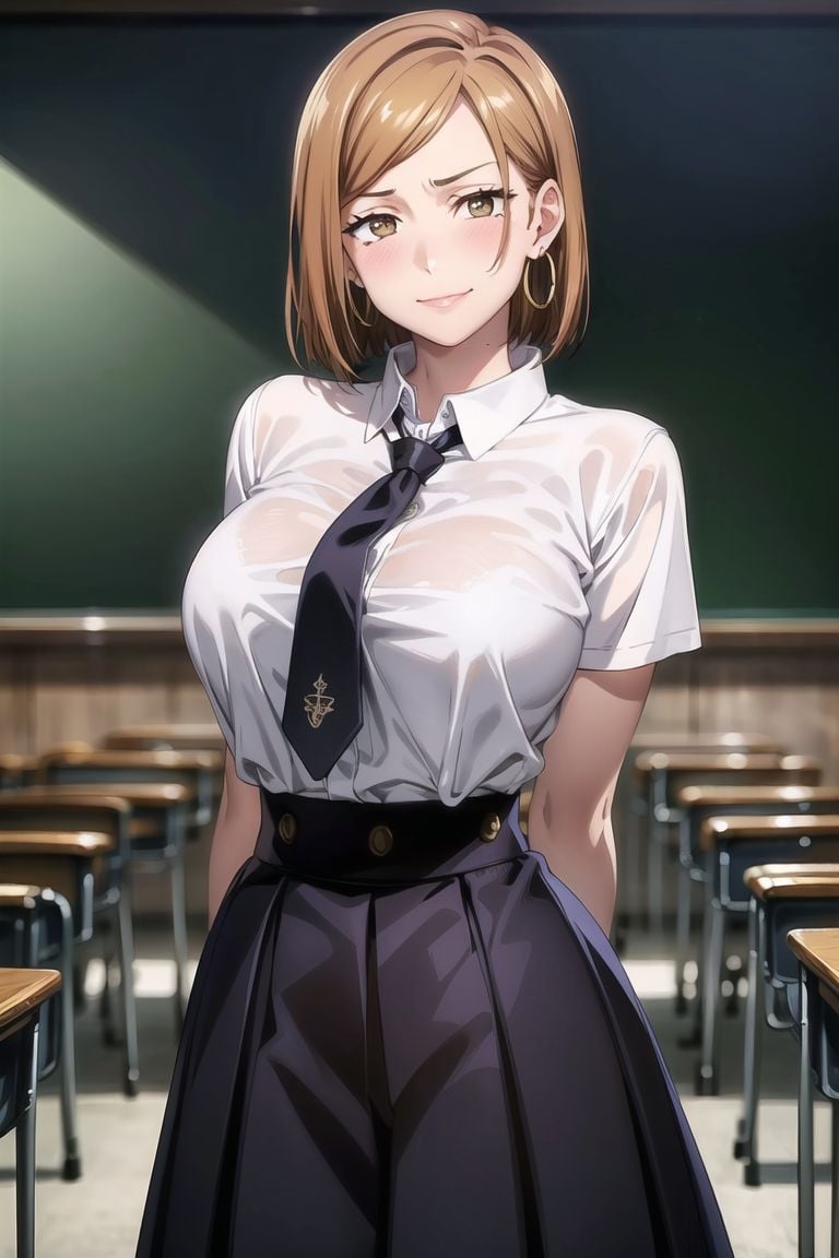 ((best quality)), ((highly detailed)), masterpiece, ((official art)), detailed face, beautiful face, (detailed eyes, deep eyes), (cowboy shot), nobara kugisaki, brown eyes, (smirk), (hoop earrings), (confident), (collar), school_girl, classroom, necktie, skirt, (large breasts), ((narrow_waist)), (high-waist skirt:1.2), school uniform, shirt, pleated skirt, black necktie, blush, arms behind back, white shirt, shirt tucked in, cowboy shot, short sleeves, intricately detailed, hyperdetailed, blurry background, depth of field, best quality, masterpiece, intricate details, tonemapping, sharp focus, hyper detailed, trending on Artstation, 1 girl, high res, official art, <lora:1DetailTweaker:0.6> <lora:CuartoIntentoNobara-15:0.7>