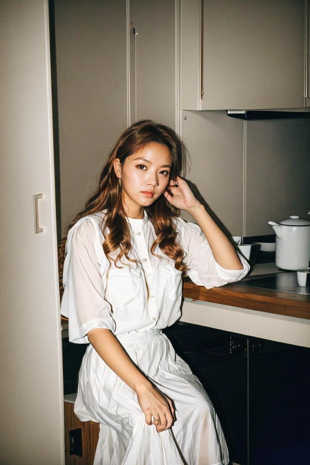 candid RAW portrait photo of a woman (Heidi Romero:1.0) with mahogany hair and a white shirt and beige skirt sitting at a kitchen table in an unlit dark kitchen (at night:1.2), Fujifilm Fujicolor C200 film, flashlight , dof, high definition, detailed, intricate flash,  <lora:flash-000008:0.7>