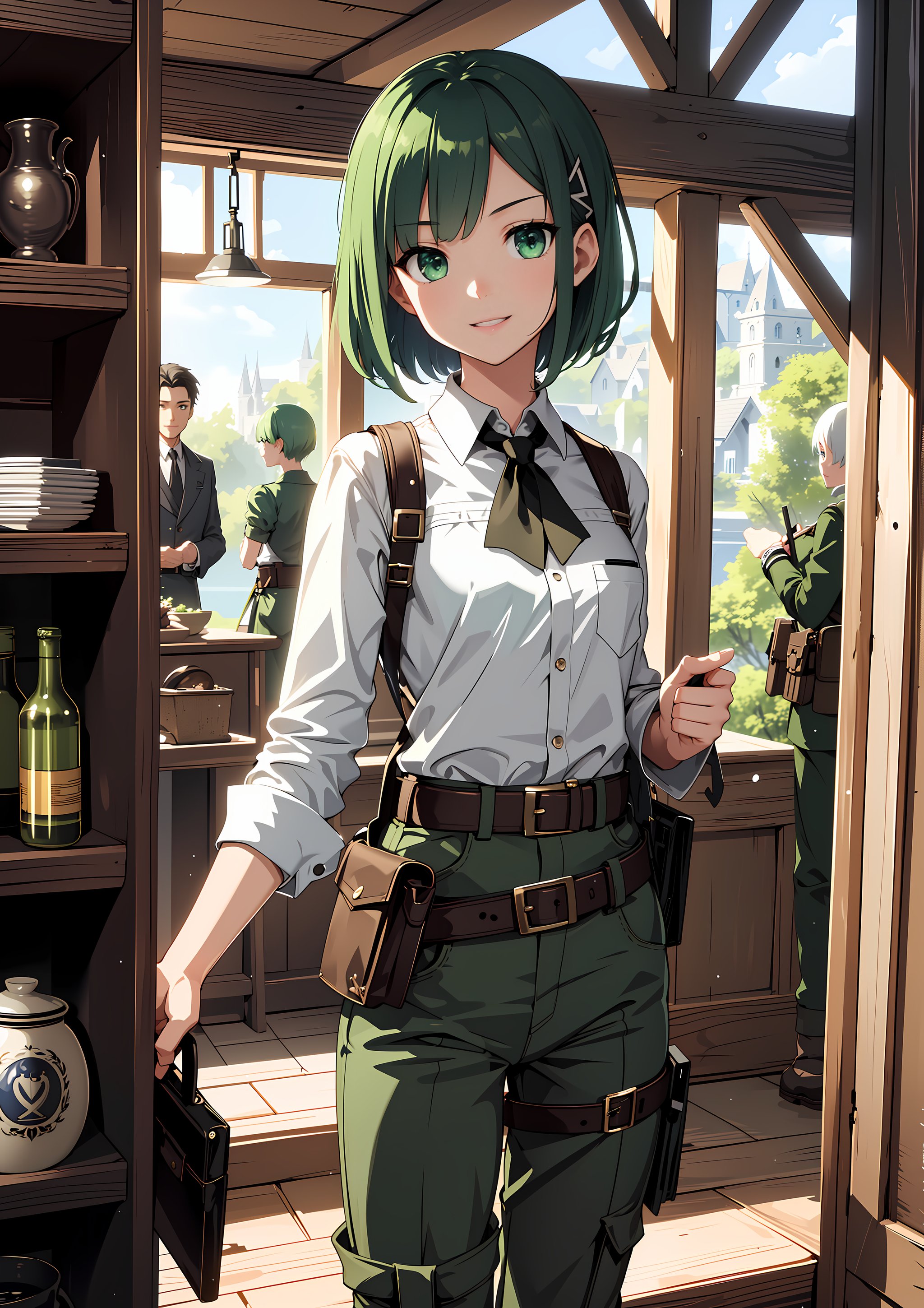 (fantasy:1.4), (anime), ((extremely detailed 8k illustration)), highres, (extremely detailed and beautiful background), ultra detailed painting, professional illustrasion, Ultra-precise depiction, Ultra-detailed depiction, (beautiful and aesthetic:1.2), HDR, (depth of field:1.4), (girl), (kino no tabi), (kino \(kino no tabi\)), chibi, green hair, green eyes, cool beauty, small breasts, short hair, green combat uniform, green long pants, Leather belt, (revolver), white shirt, military boots, Rider's goggles, A castle town with lively stores, A small store with various miscellaneous goods, smile, character focus, panty shot, 