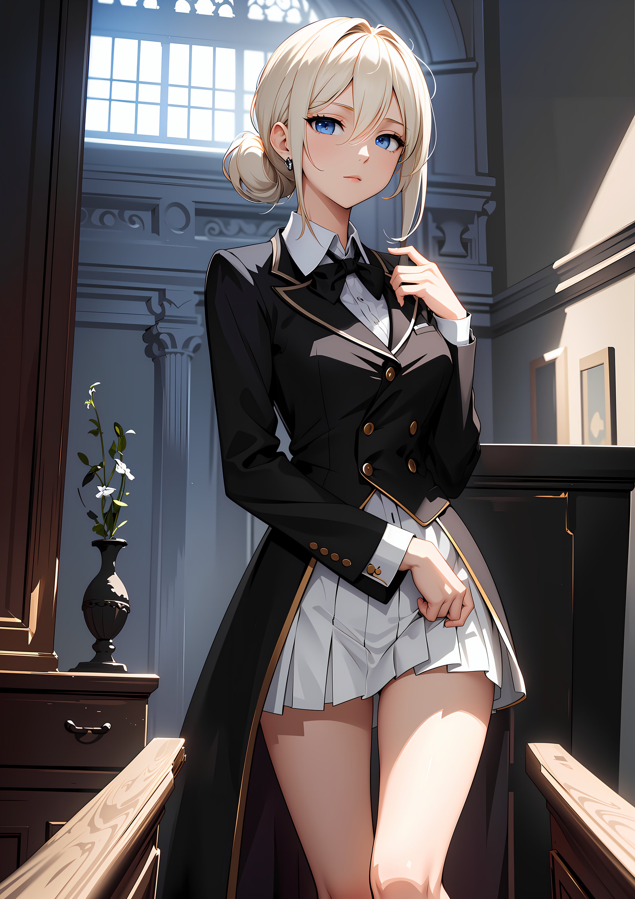 (fantasy:1.4), (anime), ((extremely detailed 8k illustration)), highres, (extremely detailed and beautiful background), ultra detailed painting, professional illustrasion, Ultra-precise depiction, Ultra-detailed depiction, (beautiful and aesthetic:1.2), HDR, (depth of field:1.4), (butler girl), blue eyes, (half-closed eyes), bored, blonde hair, medium hair, (asymmetrical hair), (side ponytail), (hair between eyes), oily skin, thin pubic hair, Long Sleeve Shirts, Black socks, butler uniform, Fine suit, 