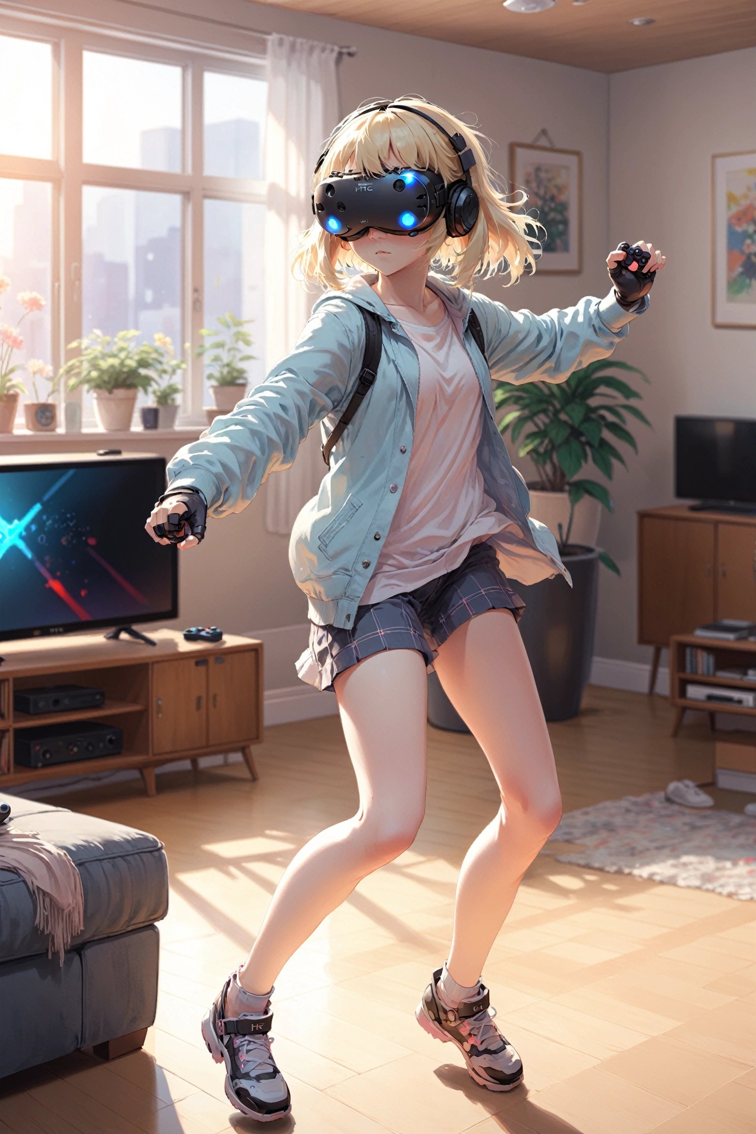 anime, pastel color, 1girl, solo, blonde hair, blunt bangs, vr goggle, HTC Vive, holding controllers, dancing, casual clothes, from front, living room, from behind