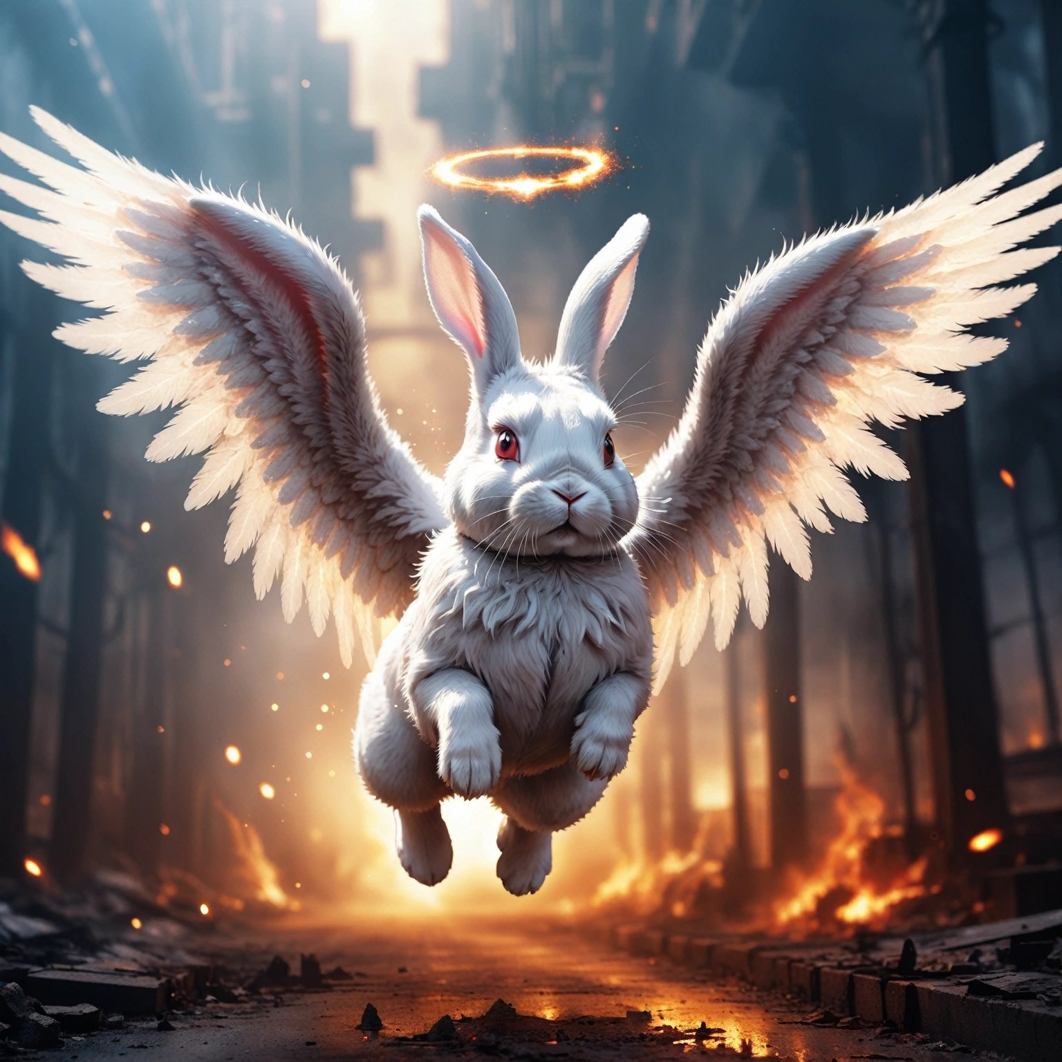 photo of angelic rabbit flying, angel wings, hell, scenery, apocalyptic, Bokeh