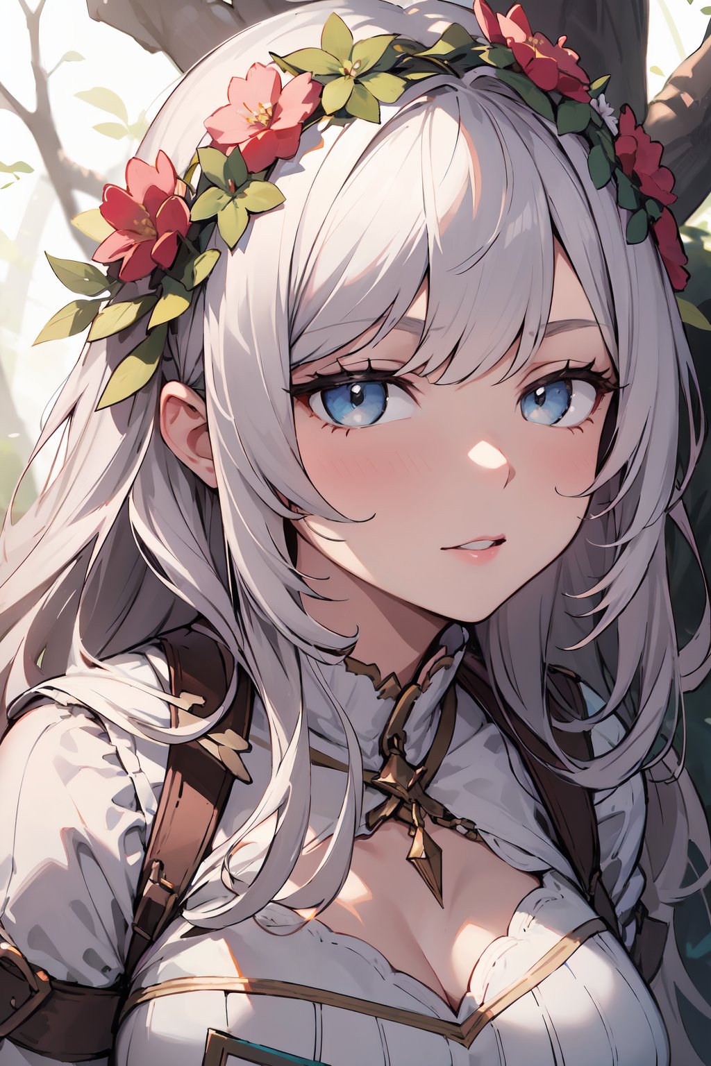 absurdres, highres, ultra detailed, (1girl:1.3), portrait, close-up,BREAK, woodland nymph tunic, floral wreath, barefoot sandals