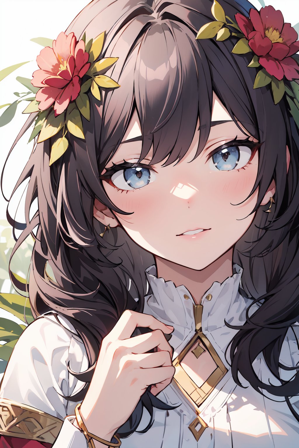 absurdres, highres, ultra detailed, (1girl:1.3), portrait, close-up,BREAK, woodland nymph tunic, floral wreath, barefoot sandals