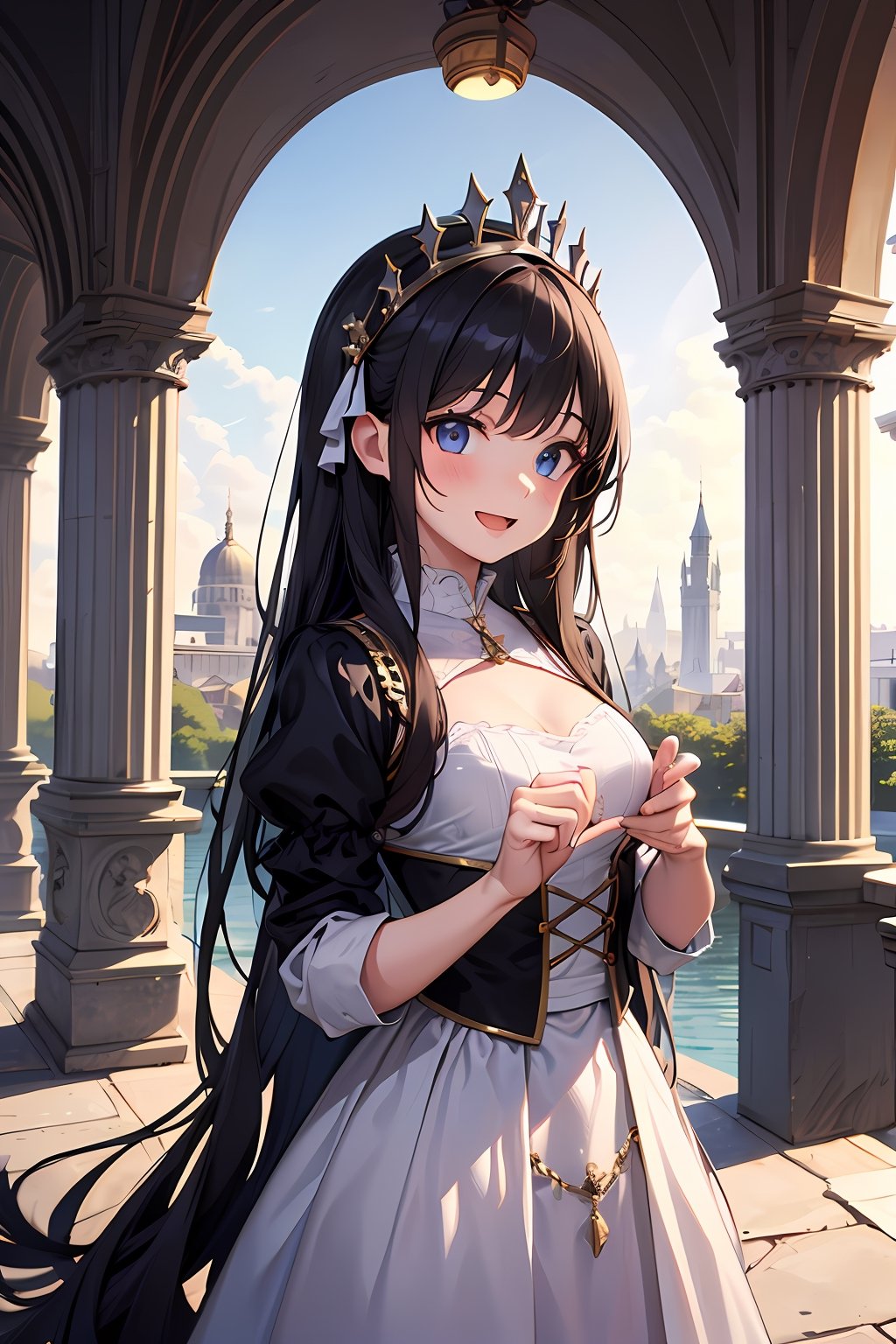 (absurdres, highres, ultra detailed, high resolution: 1.1)
BREAK
1 girl, solo, medium breasts, young, laughing,
BREAK
long hair,
BREAK
princess costume, dress, tiara,
BREAK
fantasy, castle, palace, throne,
BREAK
nice hands,  perfect hands,