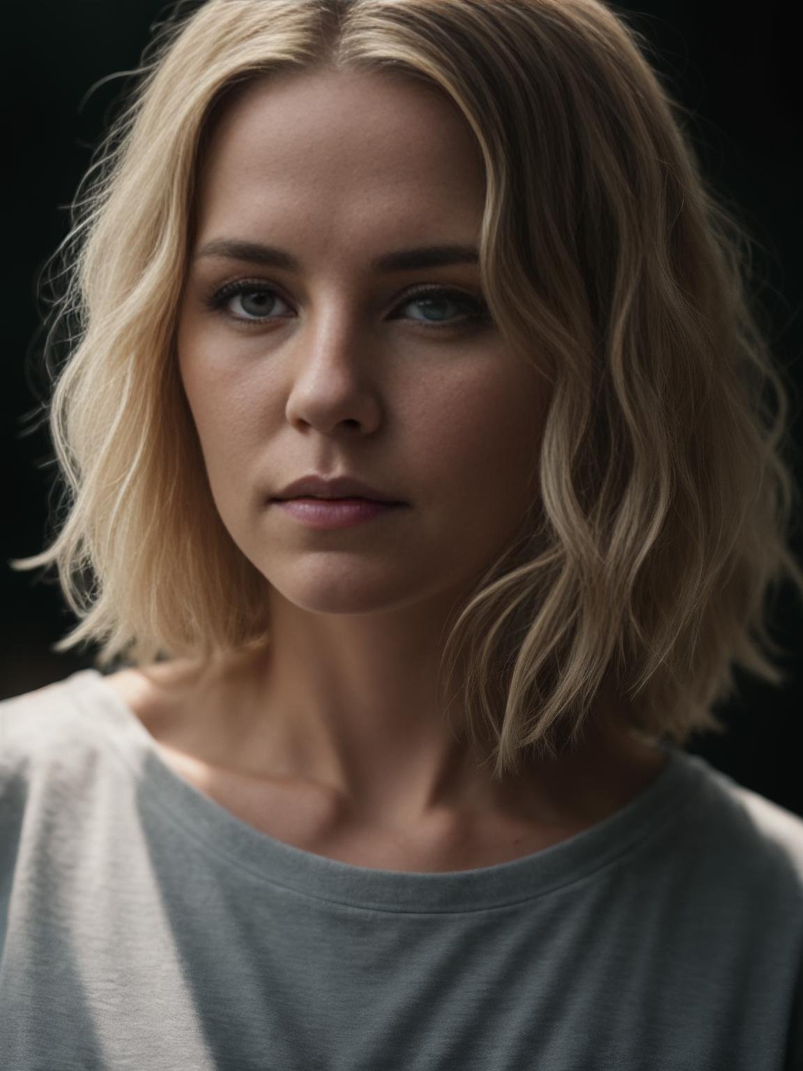 closeup portrait photos split, of 32 y.o white female, wearing gray shirt, wavy dirty-blonde hair, cinematic shot, very dark dramatic blind lighting