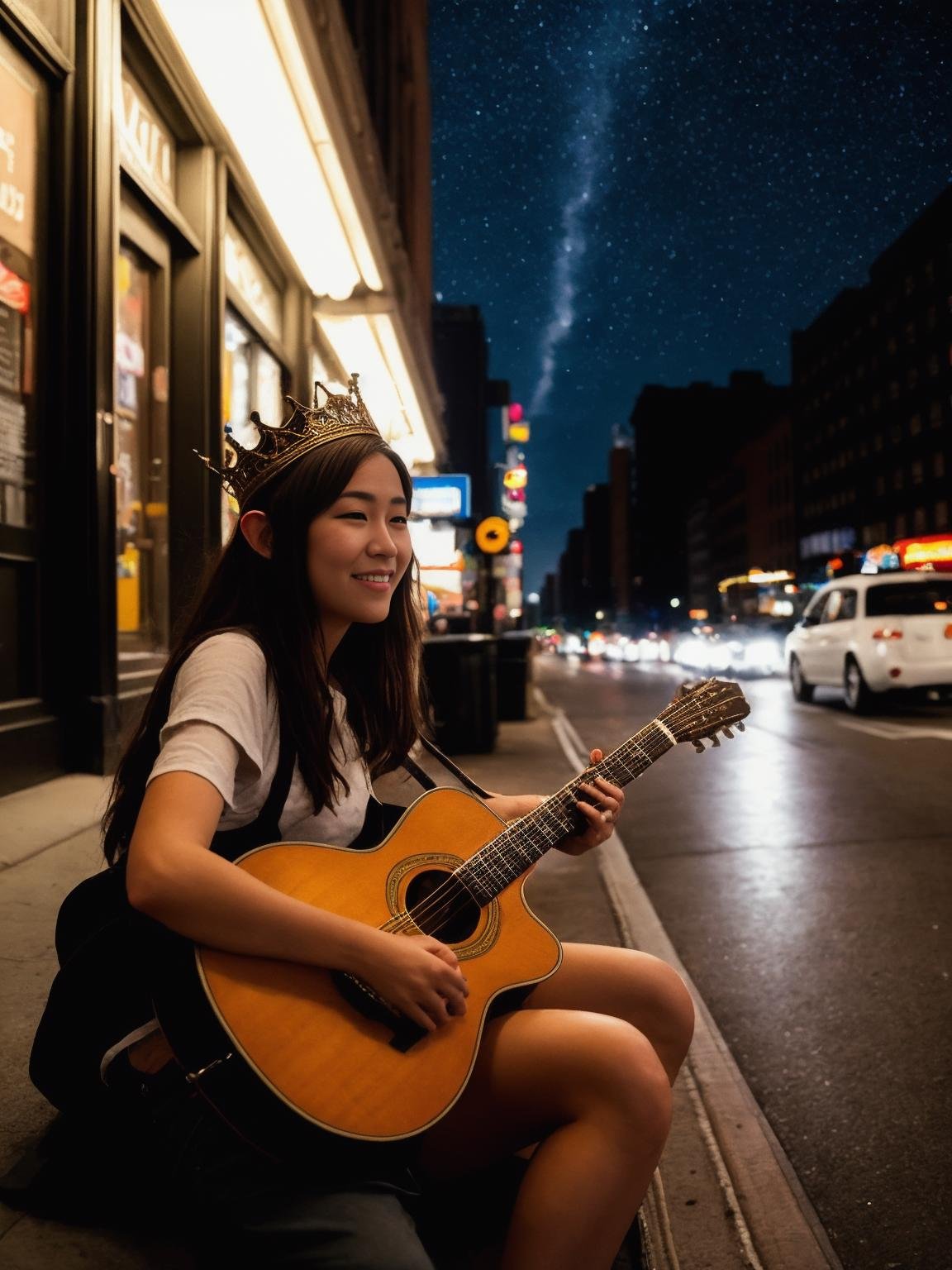 masterpiece, best quality, the cloud elf queen busks on the streets of new york, casual, sitting, playing guitar, dark moody lighting, night sky, night, starry sky, glittering, dark, (smile:0.8)