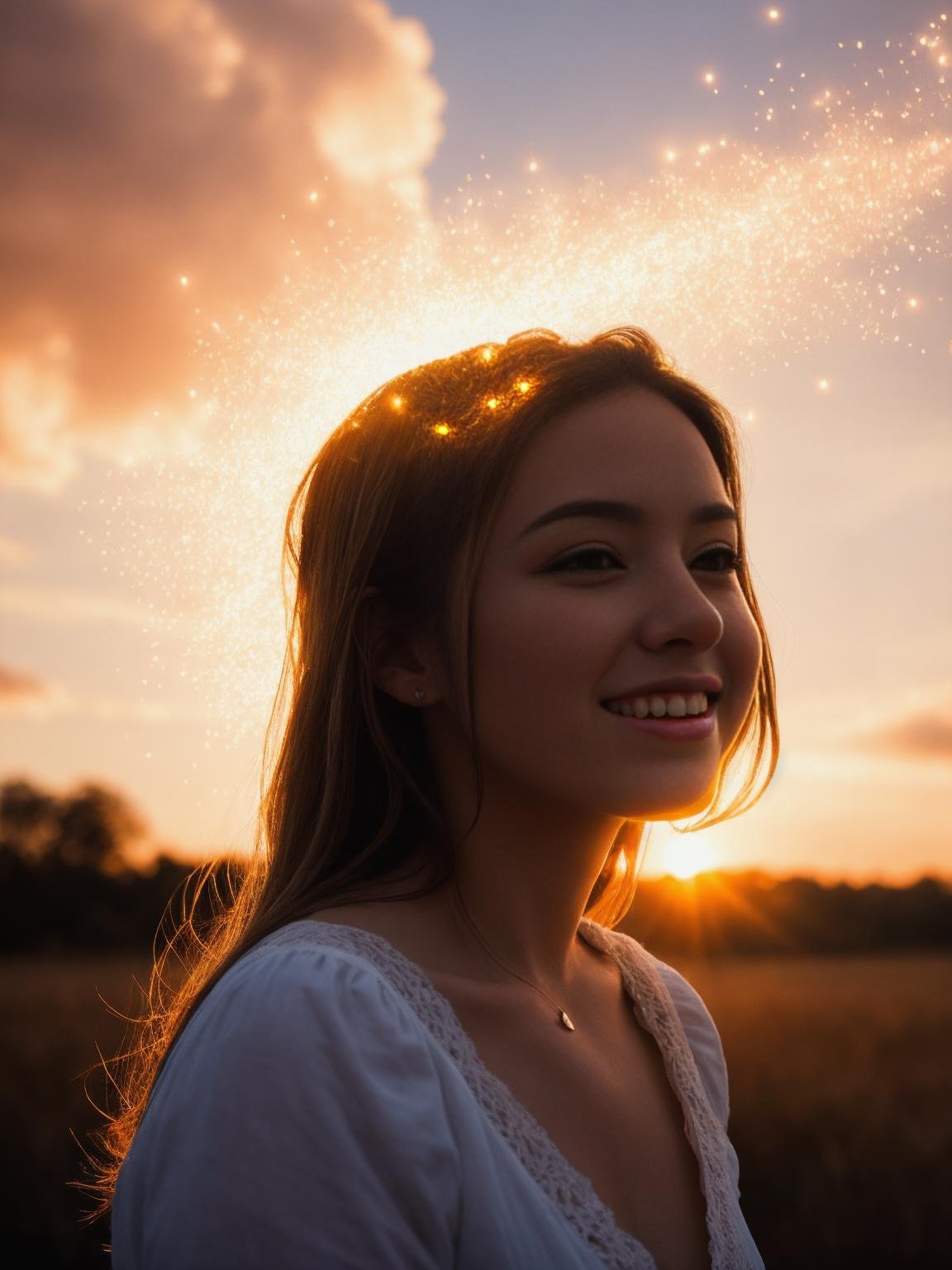 masterpiece, best quality, movie still, 1girl, cloud girl, floating in the sky, close-up, bright, happy, warm soft lighting, sunset, (sparks:0.7), light particles, volumetric lighting