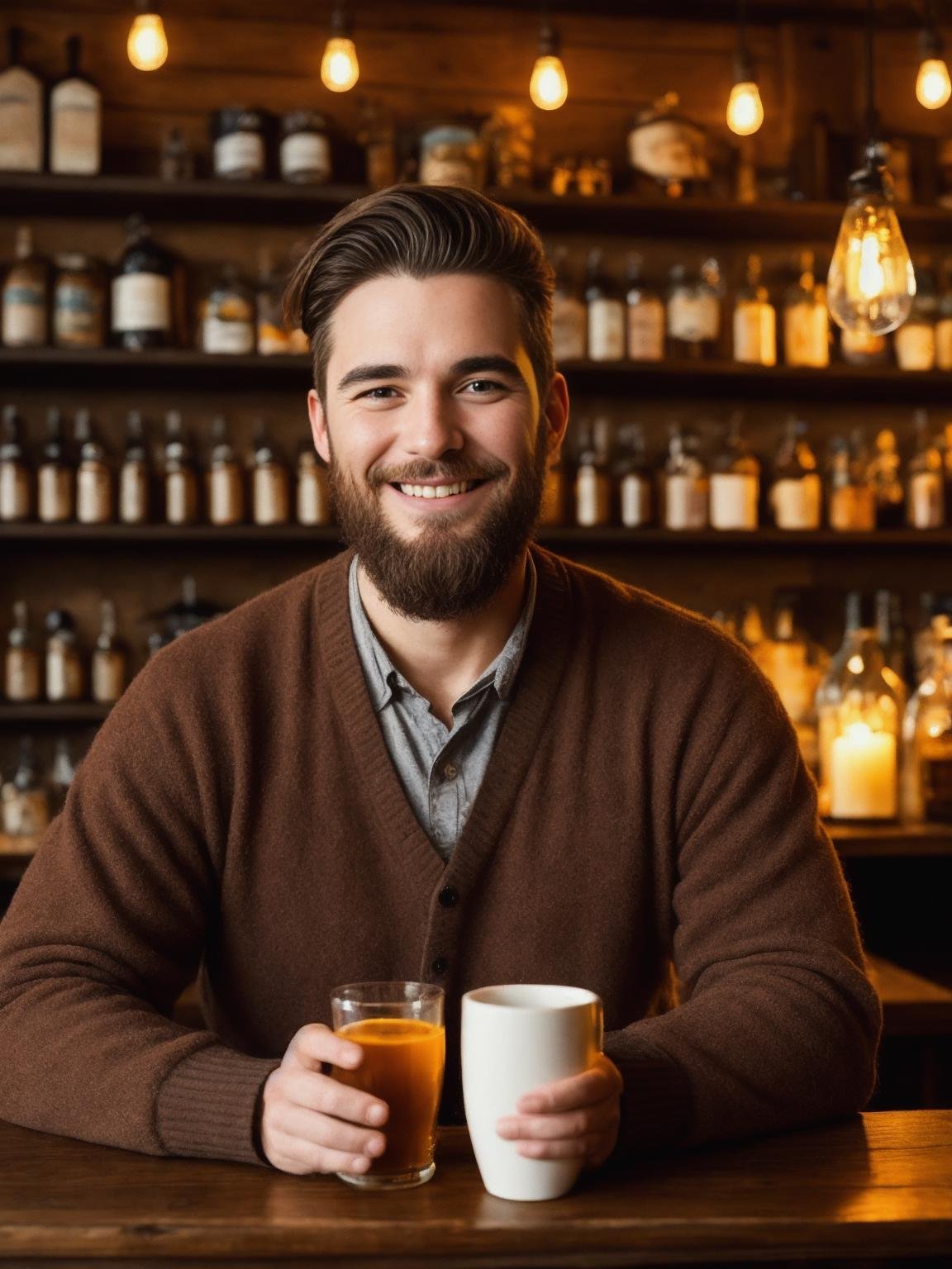 masterpiece, best quality, 1boy, innkeeper, short hair, beard, soft warm lighting, tankard, smile, looking at viewer, relaxed, cozy, tavern