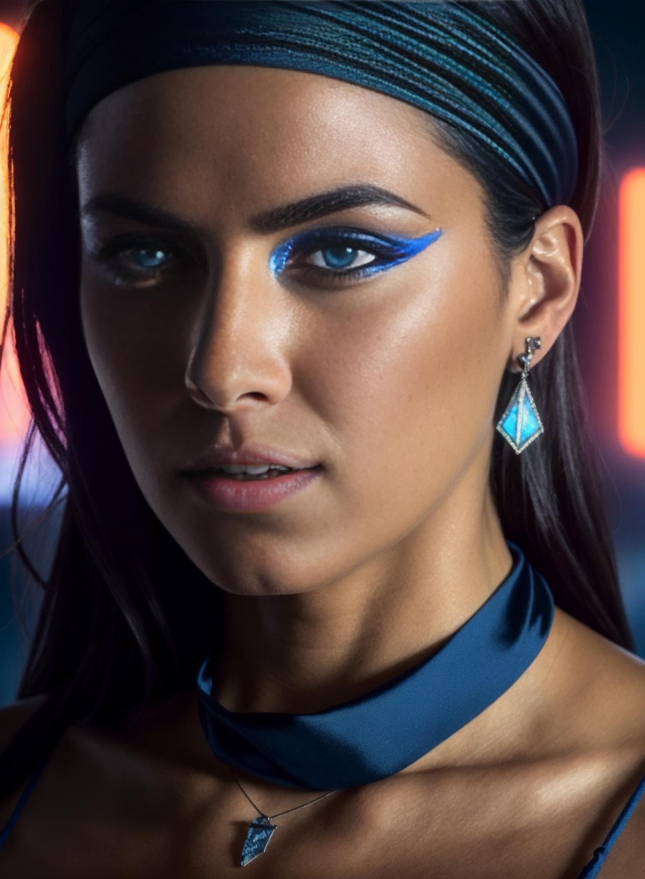 RAW photo, full-focus, center-focused, dramatic backlighting, film still by Greg Rutkowski, dark witch wearing bandana headband, bright blue eyes, blinkenlights+ necklace, indestructible, detailed-portrait, 8K 3D, high key, magic runes, glowing neon, marvel universe <lora:Elixir:1>