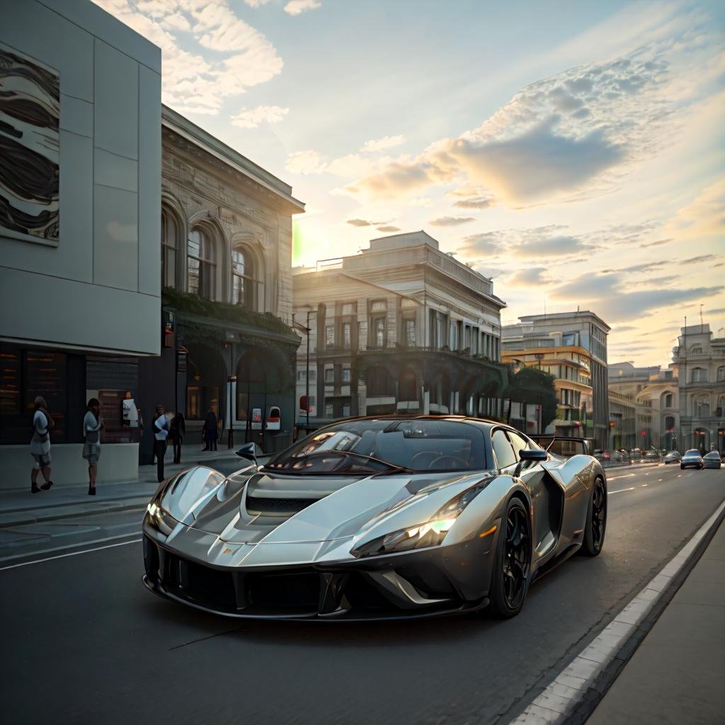 masterpiece, (photorealistic:1.4)Wide angle Environmental shot , speeding through a busy city, futuristic hypercar , low angle , side profile , motion blur <lora:hypercars-10:1>