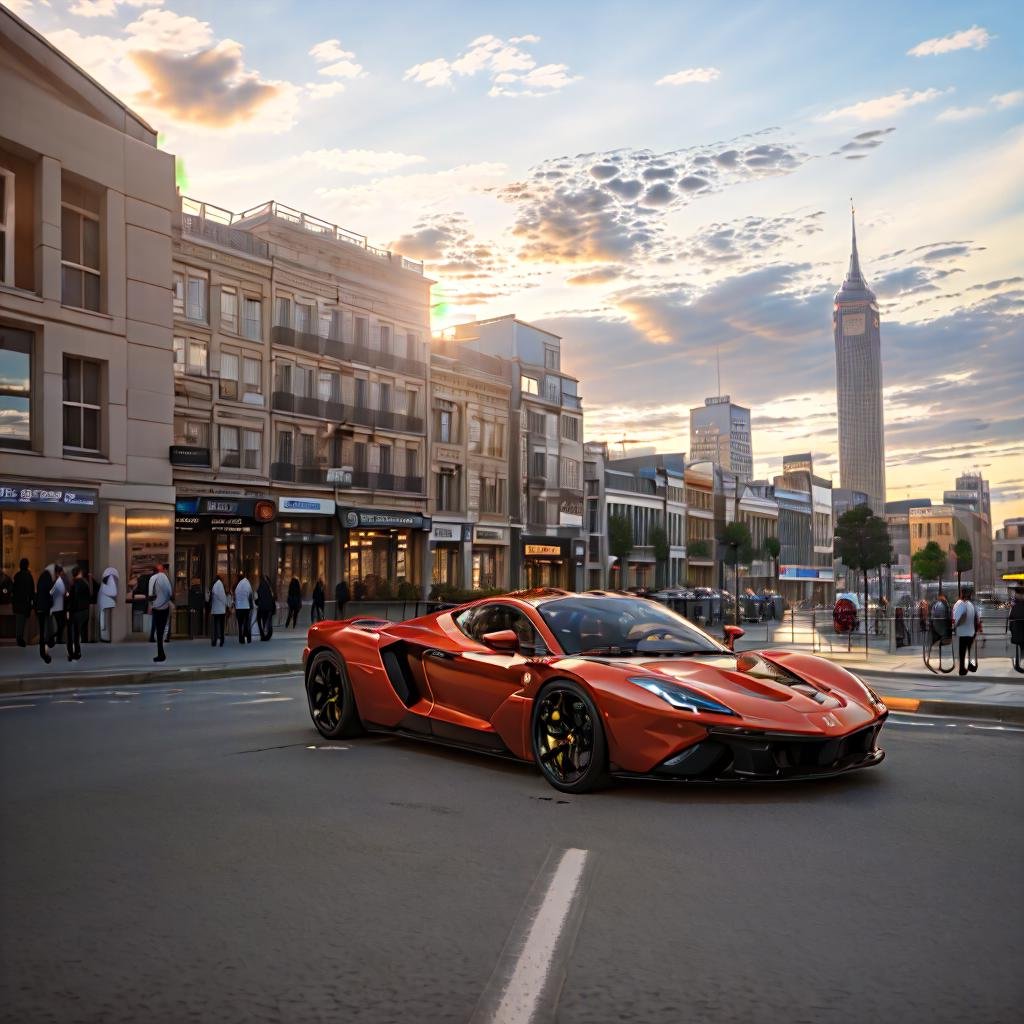 masterpiece, (photorealistic:1.4)Wide angle Environmental shot , speeding through a busy city, futuristic hypercar , low angle , side profile , motion blur <lora:hypercars-10:1>