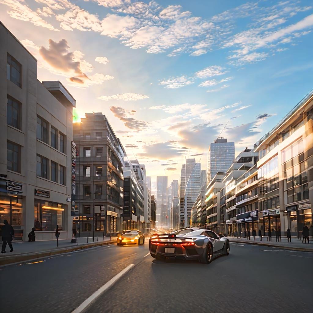 masterpiece, (photorealistic:1.4)Wide angle Environmental shot , speeding through a busy city, futuristic hypercar , low angle , side profile , motion blur <lora:hypercars-10:1>