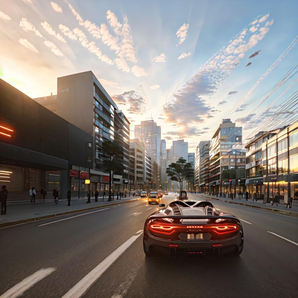 masterpiece, (photorealistic:1.4)Wide angle Environmental shot , speeding through a busy city, futuristic hypercar , low angle , side profile , motion blur <lora:hypercars-10:1>