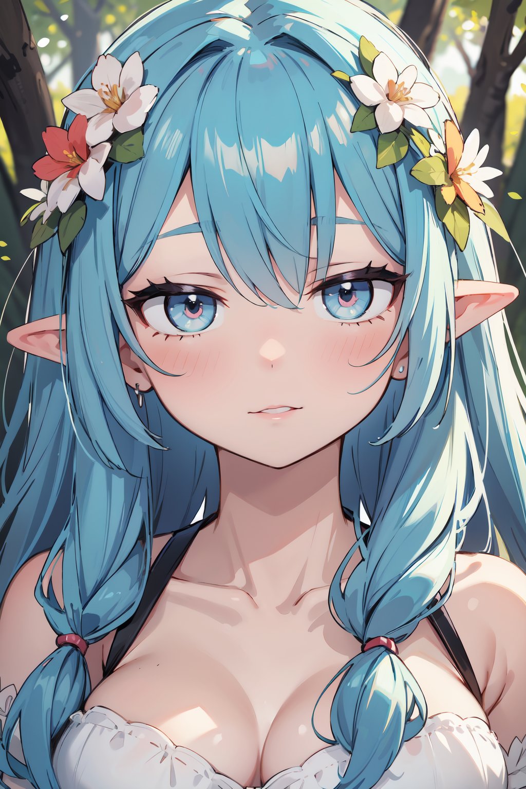 absurdres, highres, ultra detailed, (1girl:1.3), portrait, close-up,BREAK, woodland nymph tunic, floral wreath, barefoot sandals