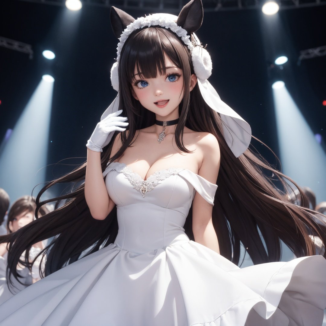 1girll, Solo, Watch, During viewing, Blue eyes, Breasts, mitts, head gear, dress, Long hair, cleavage, view the viewer, White gloves, Bare shoulders, Open mouth, Large breasts, No shoulder strap, choker necklace, Blush, White dress, Black hair, Brown hair, hair between eye, Strapless dress, Smile, bangs, On stage