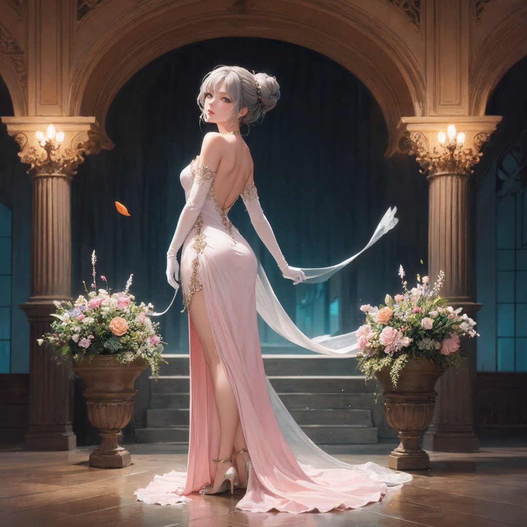 1girl, solo, dress, gloves, feather dress, looking at viewer, hair ornament, elbow gloves, blue eyes, looking back, full body, standing, hair bun, bare shoulders, long dress, single hair bun, black gloves, flower, bangs, grey hair.
BREAK
Whimsical fantasy elegant rose floral botany minimalism with a wave of flower, garden flowing flowers floating in a hazy pastel pink, Aqua green, Soft apricots, Moody and massively realistic flowers, Octane rendering, Josephine Wall Art, Isabel Menin, jane, Amy brown