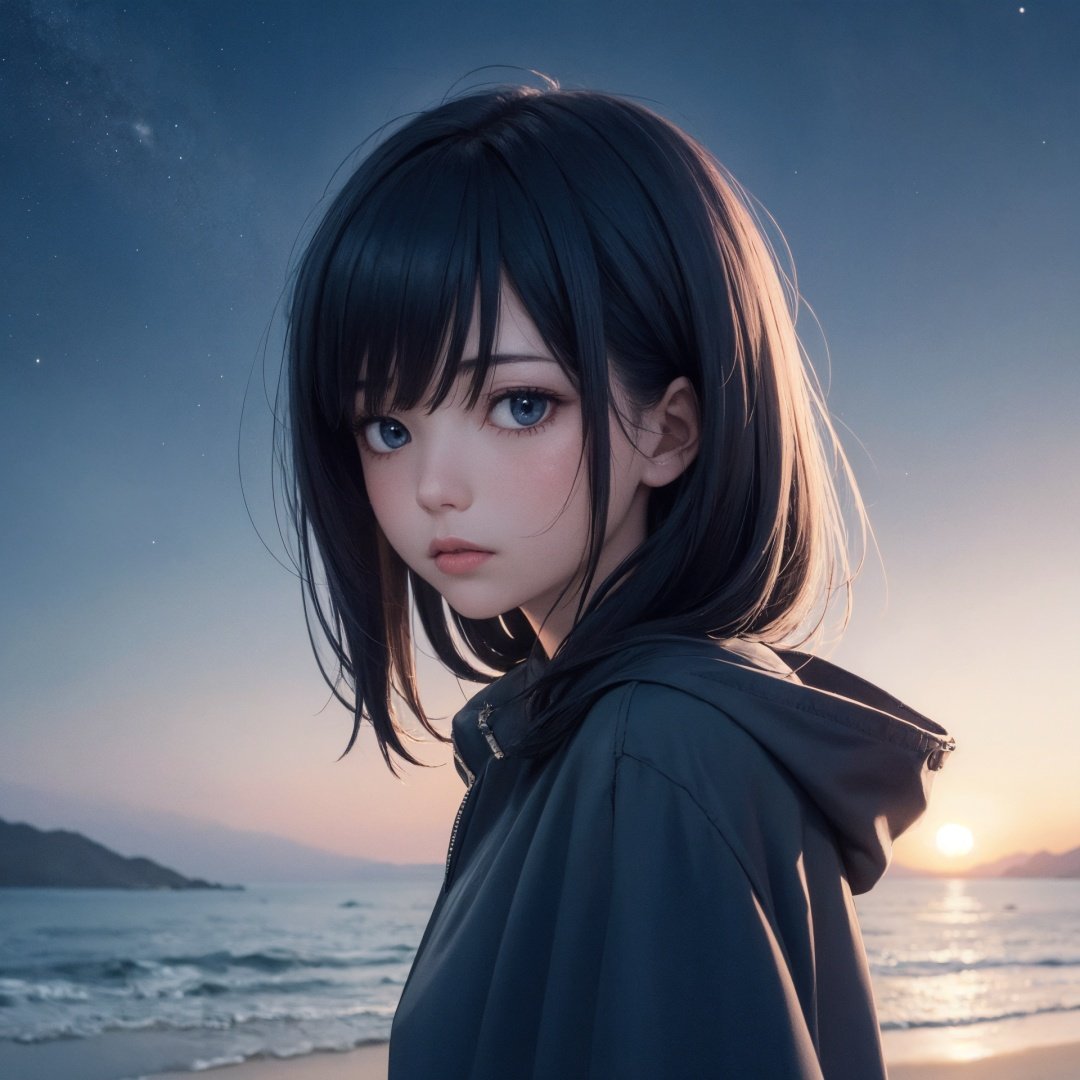 (Masterpiece, Best quality, ultra high resolution),1girl,dark blue hair,on the beach, night, fog, dark blue sky, starry sky,(grey and blue theme)