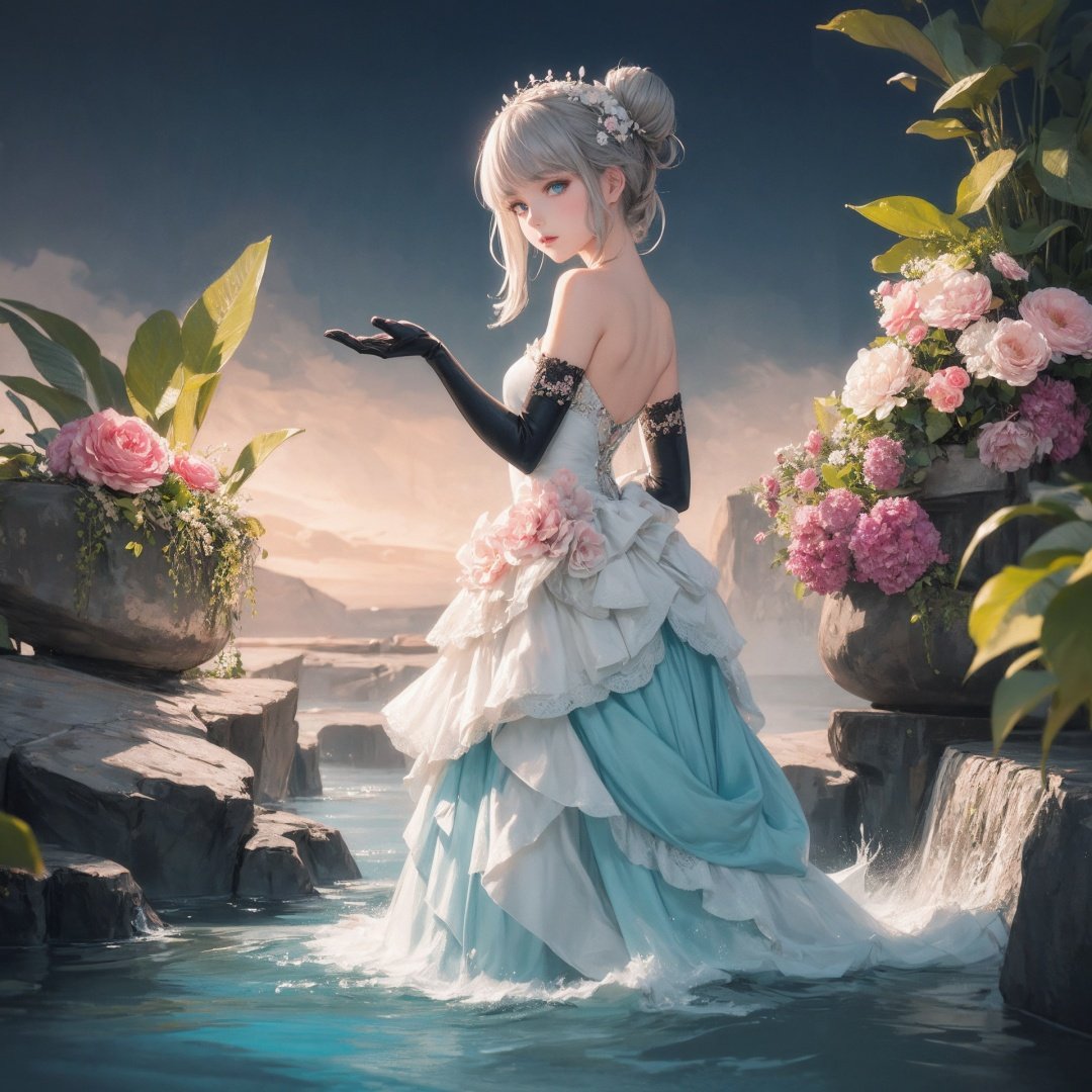 1girl, solo, dress, gloves, feather dress, looking at viewer, hair ornament, elbow gloves, blue eyes, looking back, full body, standing, hair bun, bare shoulders, long dress, single hair bun, black gloves, flower, bangs, grey hair.
BREAK
Whimsical fantasy elegant rose floral botany minimalism with a wave of flower, garden flowing flowers floating in a hazy pastel pink, Aqua green, Soft apricots, Moody and massively realistic flowers, Octane rendering, Josephine Wall Art, Isabel Menin, jane, Amy brown