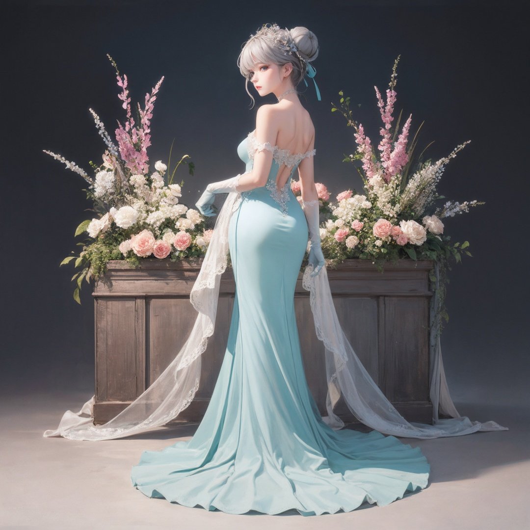 1girl, solo, dress, gloves, feather dress, looking at viewer, hair ornament, elbow gloves, blue eyes, looking back, full body, standing, hair bun, bare shoulders, long dress, single hair bun, black gloves, flower, bangs, grey hair.
BREAK
Whimsical fantasy elegant rose floral botany minimalism with a wave of flower, garden flowing flowers floating in a hazy pastel pink, Aqua green, Soft apricots, Moody and massively realistic flowers, Octane rendering, Josephine Wall Art, Isabel Menin, jane, Amy brown