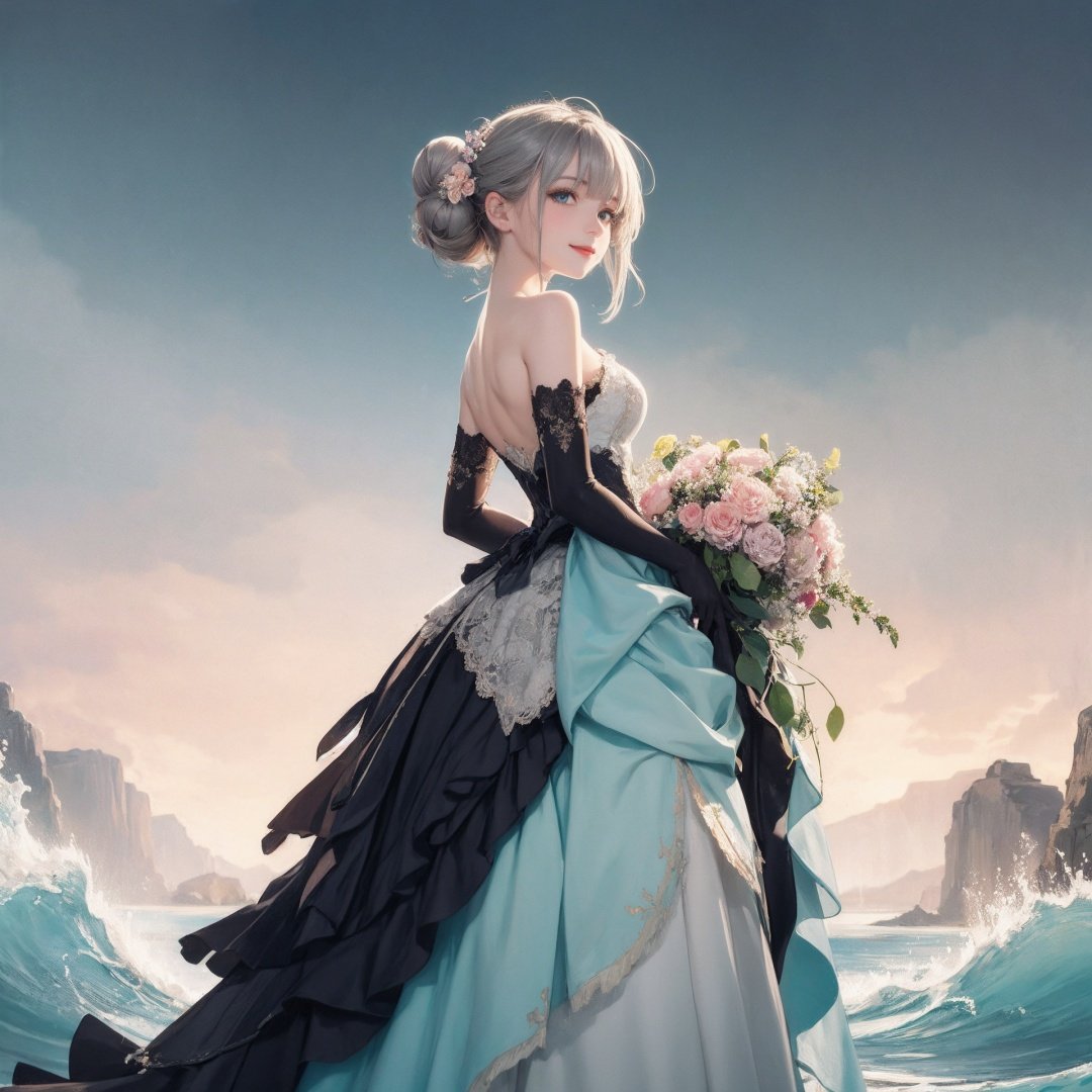 1girl, solo, dress, gloves, feather dress, looking at viewer, hair ornament, elbow gloves, blue eyes, looking back, full body, standing, hair bun, bare shoulders, long dress, single hair bun, black gloves, flower, bangs, grey hair, smile.
BREAK
Whimsical fantasy elegant rose floral botany minimalism with a wave of flower, garden flowing flowers floating in a hazy pastel pink, Aqua green, Soft apricots, Moody and massively realistic flowers, Octane rendering, Josephine Wall Art, Isabel Menin, jane, Amy brown