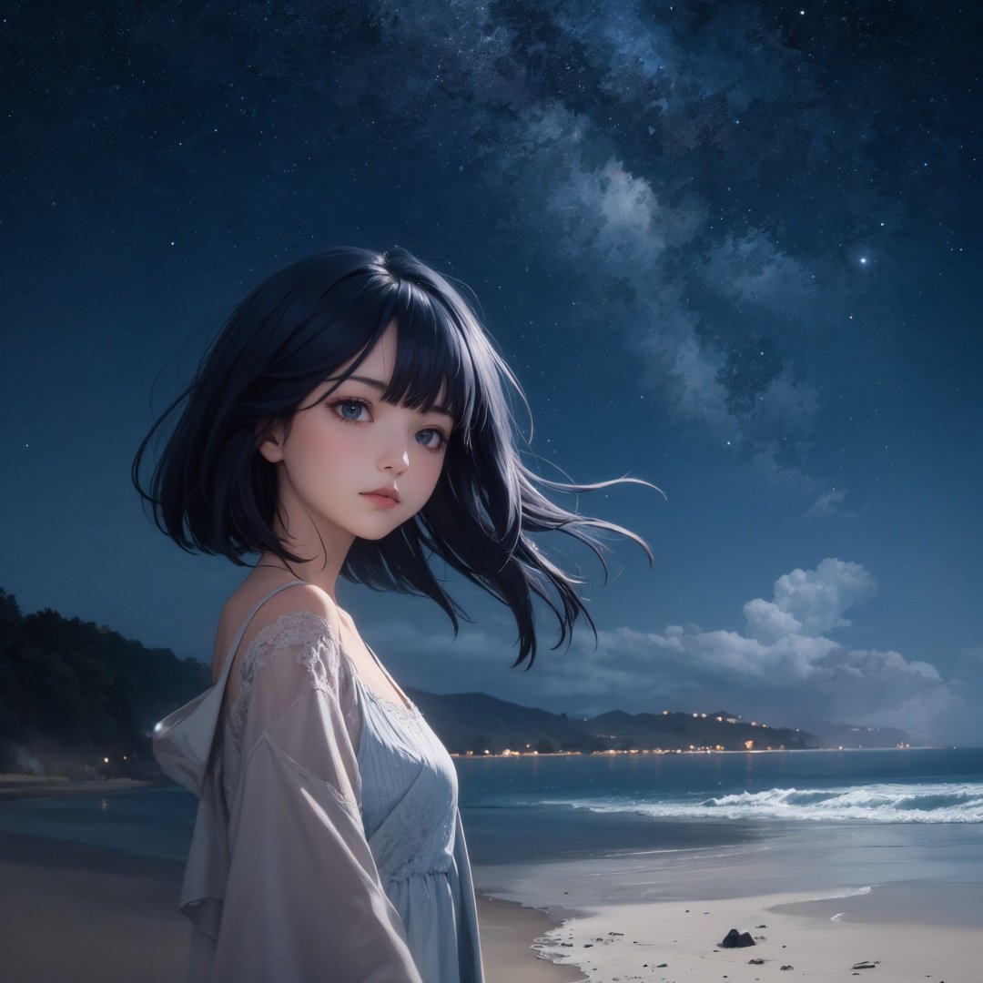 (Masterpiece, Best quality, ultra high resolution),1girl,dark blue hair,on the beach, night, fog, dark blue sky, starry sky,(grey and blue theme)