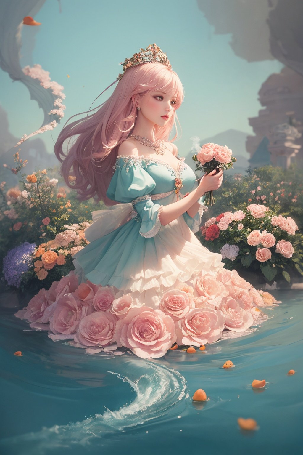 Whimsical fantasy elegant rose floral botany minimalism with a wave of flower, garden flowing flowers floating in a hazy pastel pink, Aqua green, Soft apricots, Smoke fractals, Moody and massively realistic flowers, Octane rendering, Josephine Wall Art, Isabel Menin, jane, Amy brown, masterpiece, best quality,