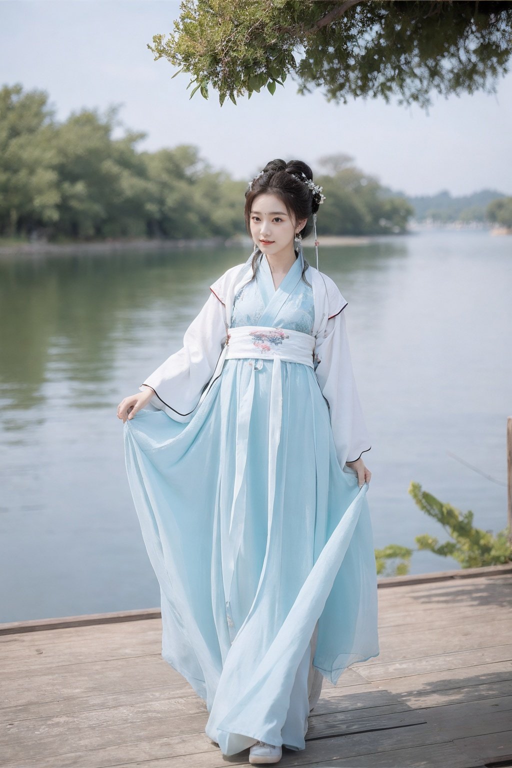 arien_hanfu,1girl,full body,tree,lake background,sky hanfu <lora:arien_blue_dress_02:0.6>