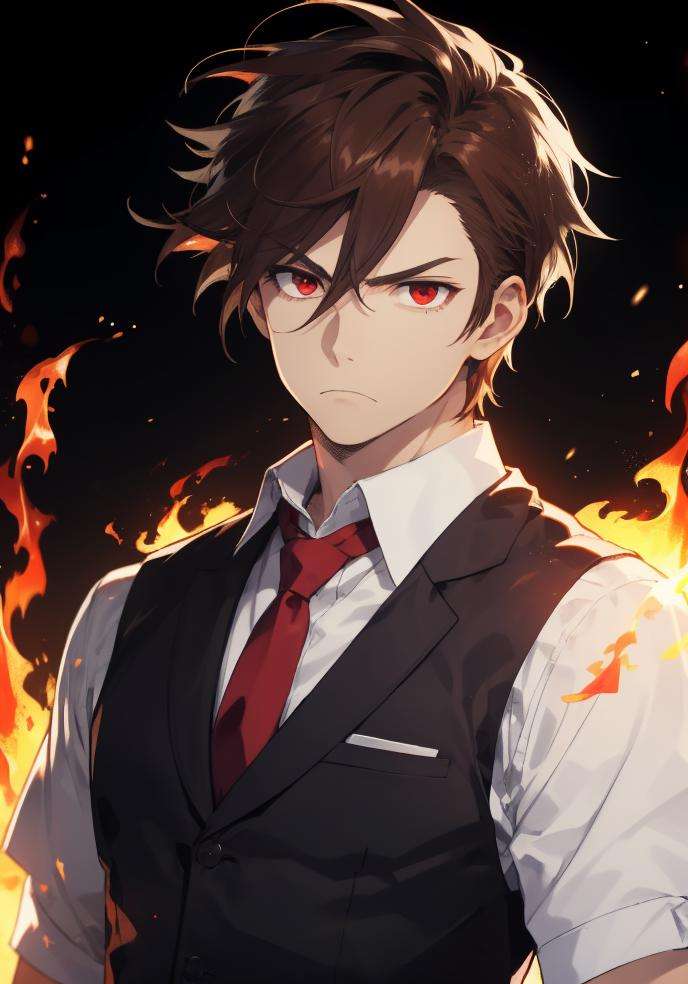 <lora:Nijicool:0.>,niji,1boy, male focus, solo, necktie, fire, brown hair, red eyes, looking at viewer, upper body, black background, spiked hair, shirt, red necktie, frown, vest, hair between eyes, <lora:neg4all_bdsqlsz_V3.5:1>